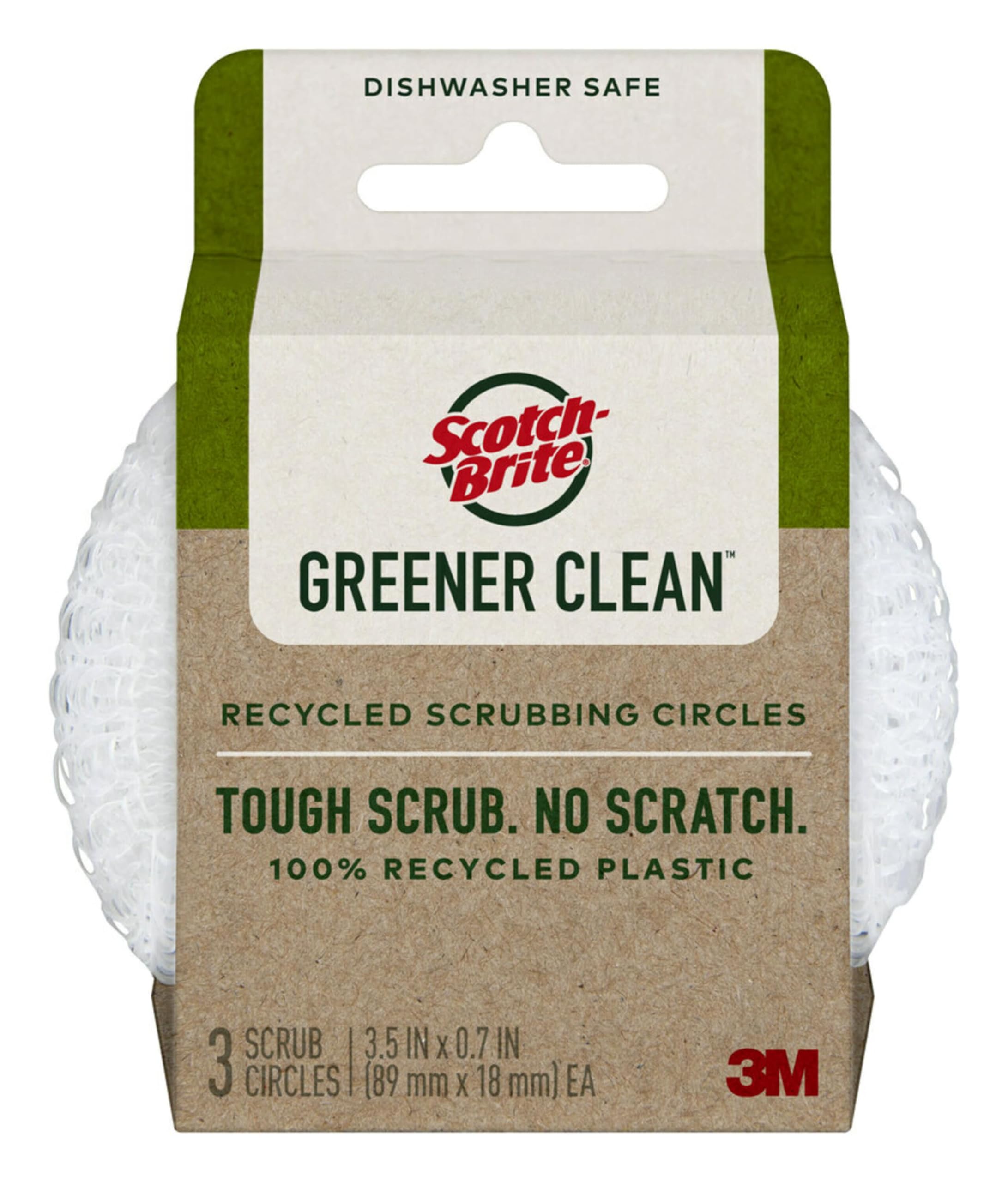 Scotch-BriteGreener Clean Recycled Scrubbing Circles, for Washing Dishes and Cleaning Kitchen, Superior Performance and Made with Sustainable Materials, Dishwasher Safe, 3 Scrubbing Circles