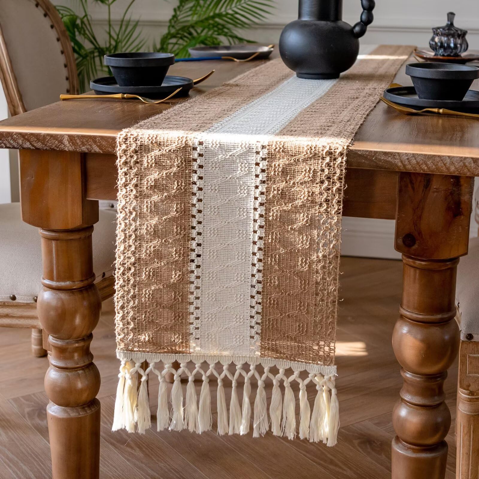 AHWEKR Table Runner, Natural Hessian Dining Table Runner Rustic Cotton Linen Table Runner with Tassels Home Holiday Party Decor Table Centrepiece Fireplace Mantle Runner，30x400cm