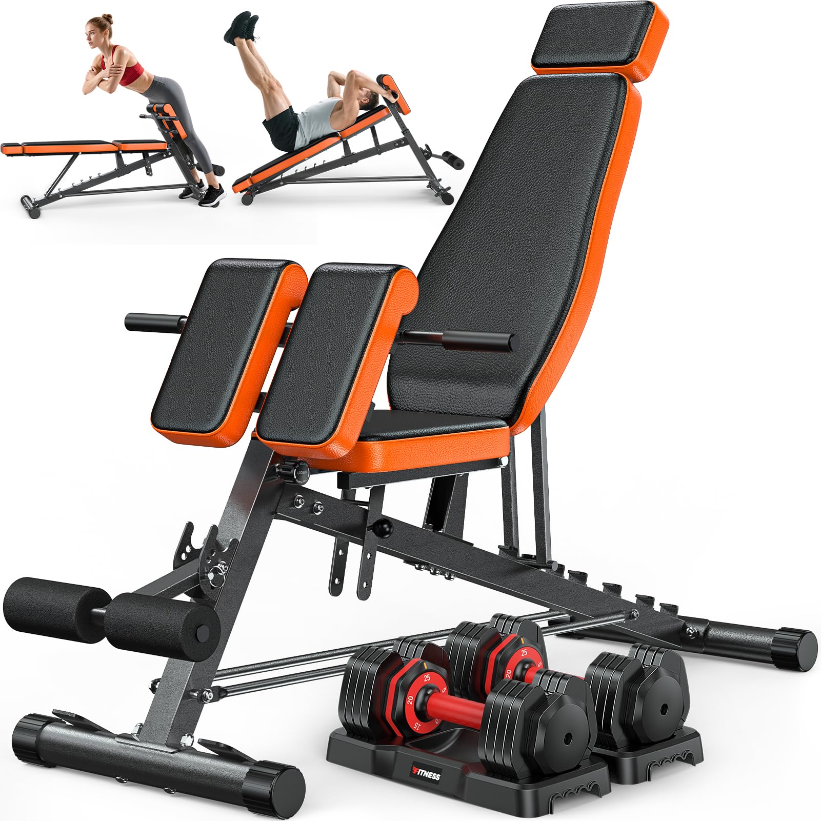 XDDIAS Roman Chair, Adjustable Weight Bench Back Extension Machine for Home Gym, 1000LBS All-in-One Sit Up Bench with Dumbbell Rack, Incline, Decline, and Flat Bench with 2*25LB Adjustable Dumbbells