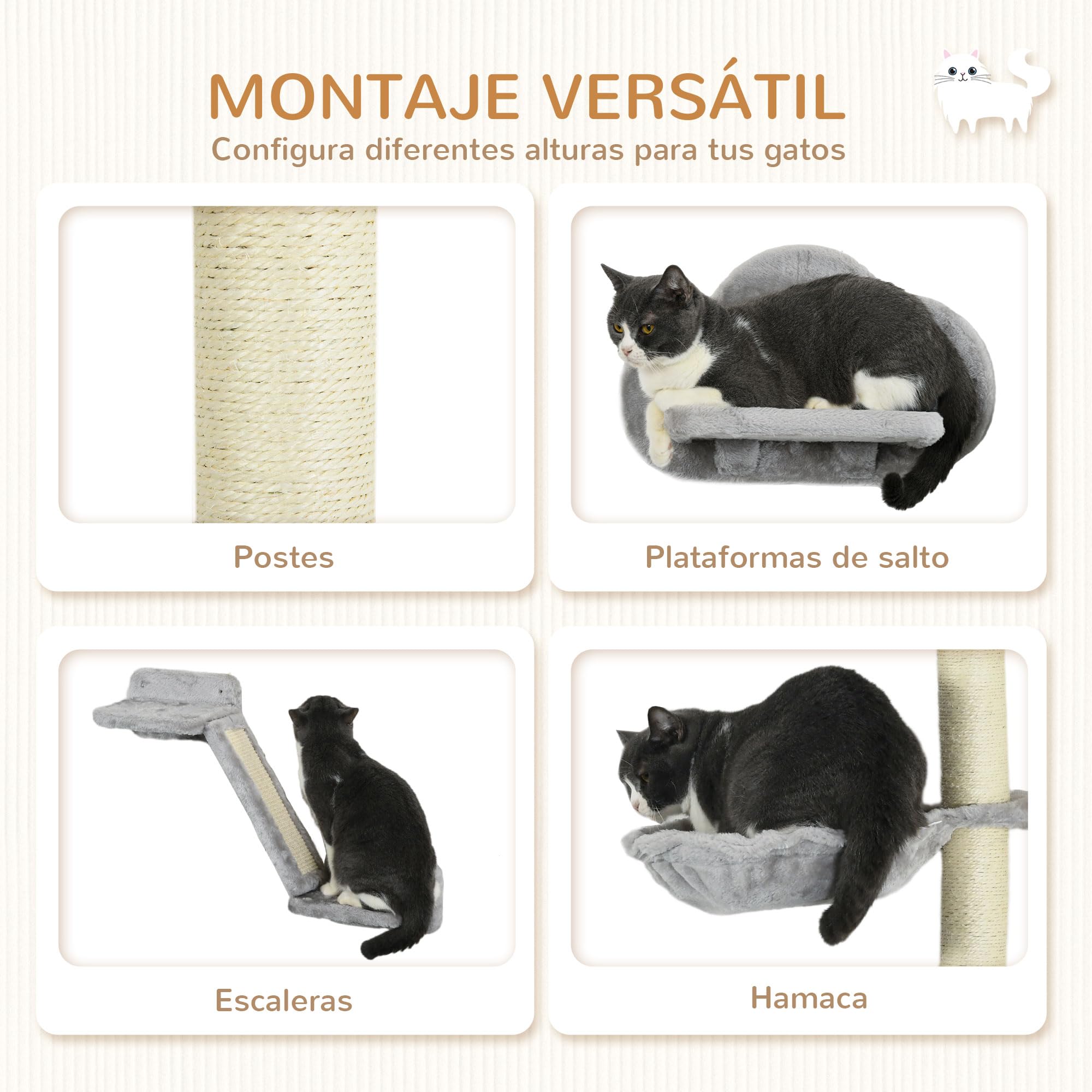 PawHut Mensole per gatti a parete 3 pezzi amaca scala gatti grandi grigio