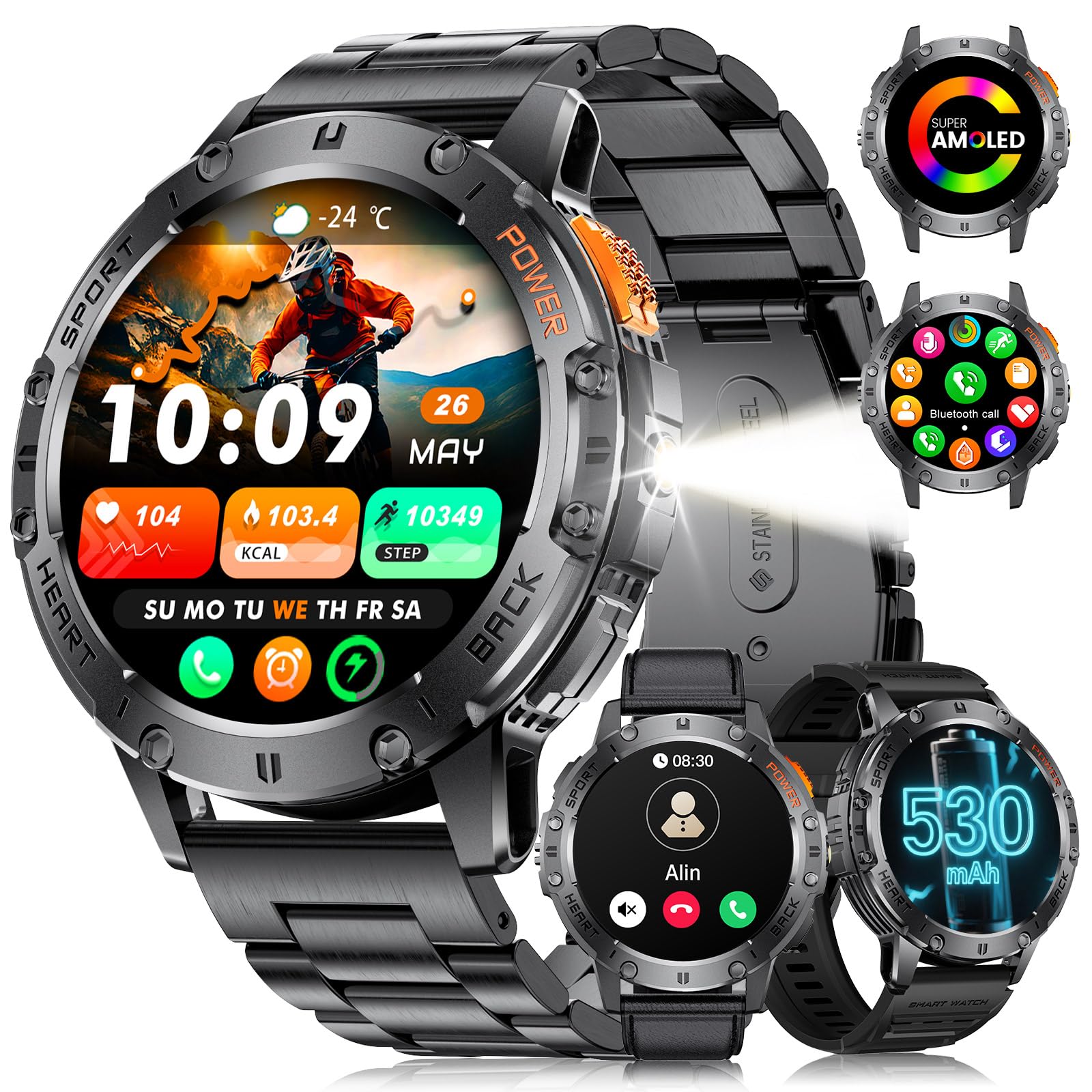 Militär Smartwatch Herren mit LED-Licht/530 mAh Batterie,1,43" AMOLED Smartwatch Fitnessuhr mit 120 Sportmodi/Herzfrequenzmonitor/Schlaf/SpO2,IP68 Wasserdicht Schrittzähler für Android iOS,3 Armbänder