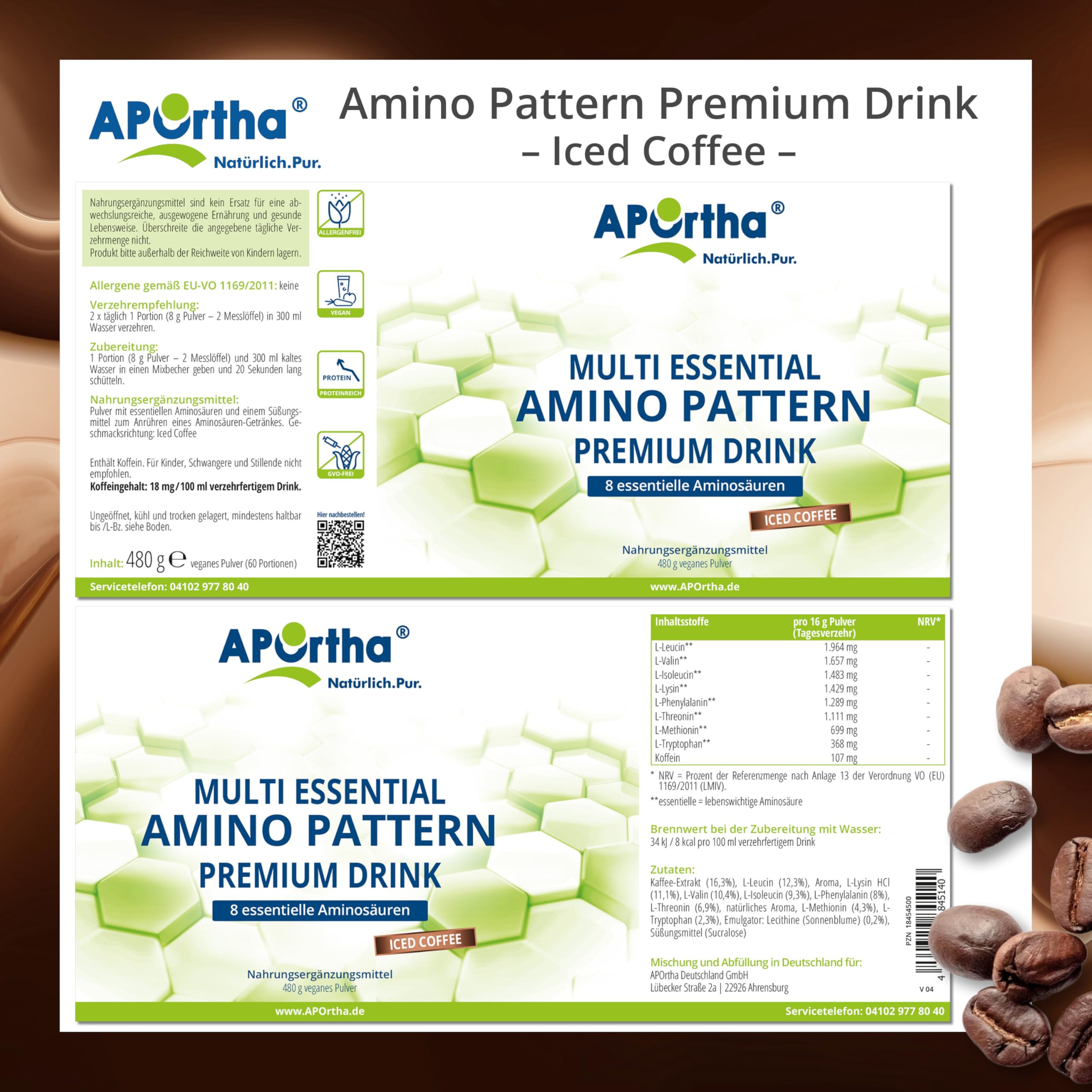 APOrtha® Multi Essential Amino Pattern Premium Drink – 480 g Iced Coffee mit echtem Kaffee, 8 essentielle Aminosäuren nach Prof. Dr. Lucà-Moretti, ausgewogenes Aminosäuren-Profil, EAA Pulver
