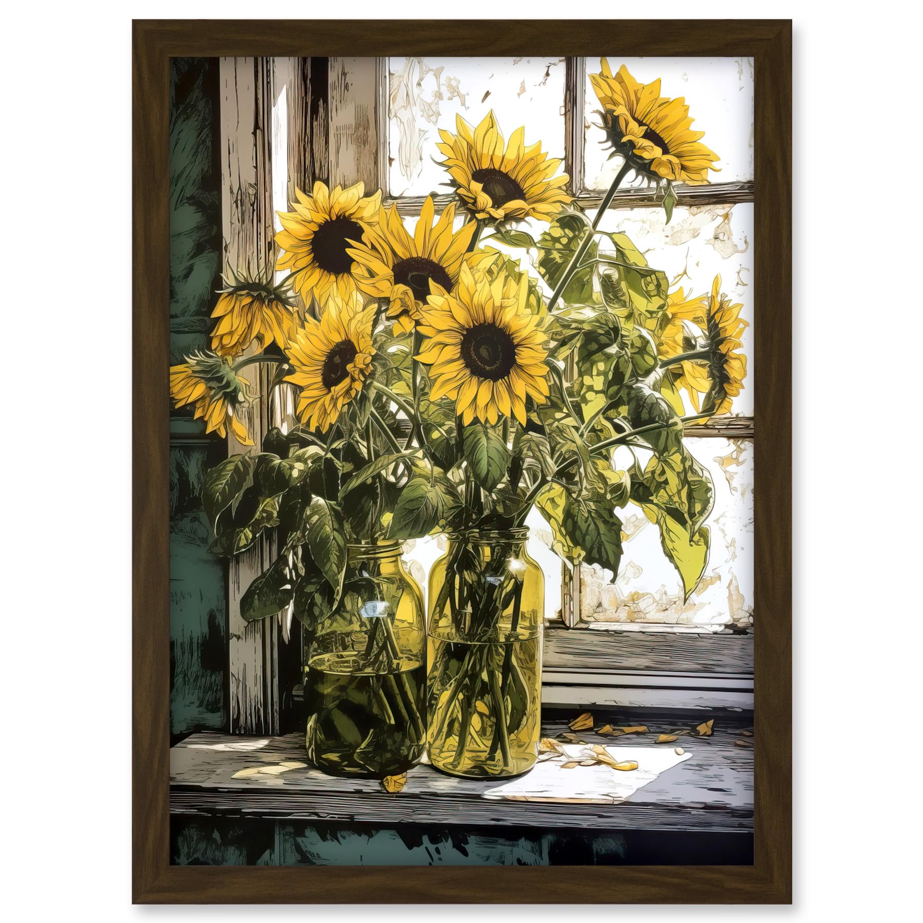 Artery8 Sunflowers Still Life Watercolour Painting Yellow Flowers Farmhouse Window Sill Artwork Framed A3 Wall Art Print