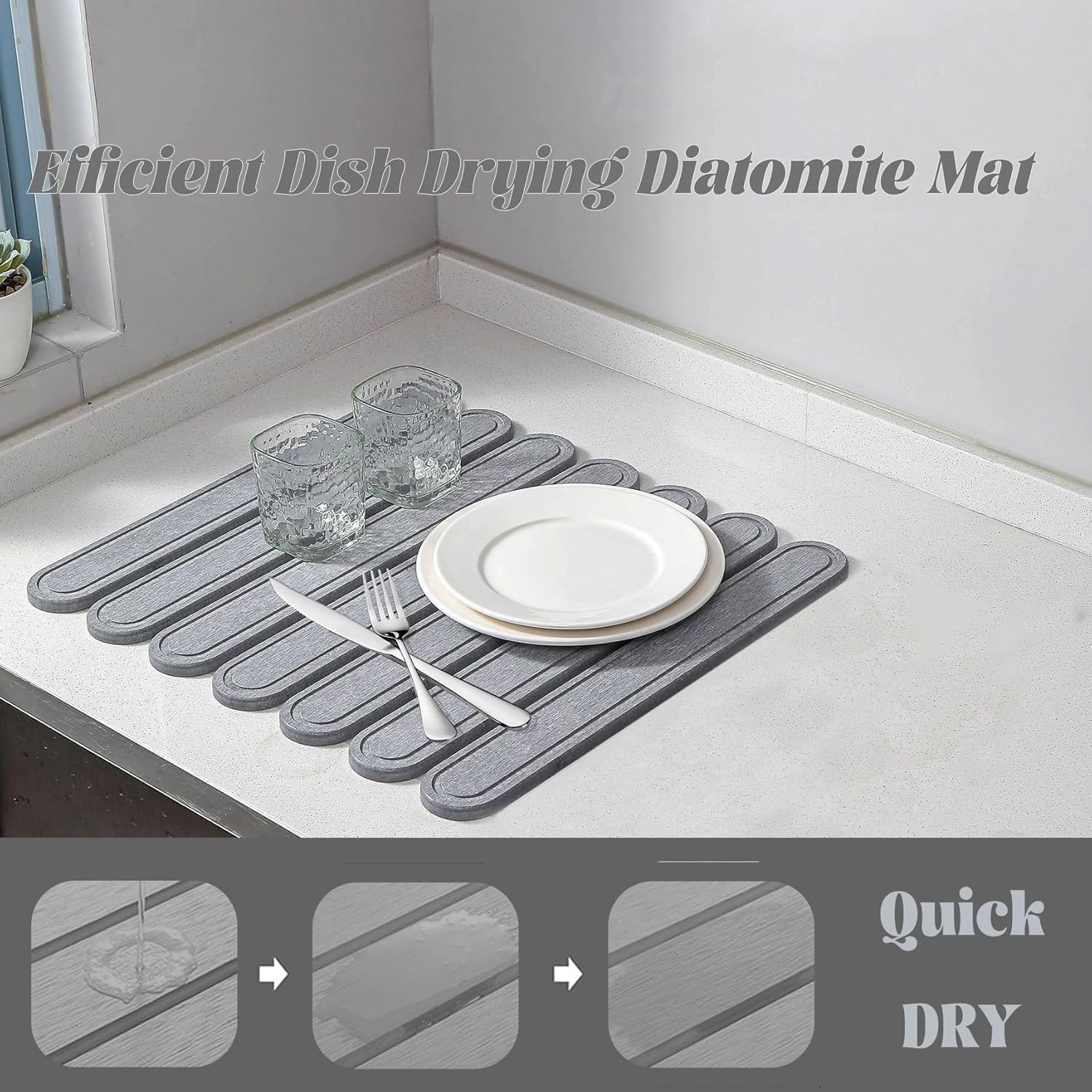 2-PCS Stone Drying Mat for Kitchen Counter, Quick Dry Absorbent Dish Drying Mat, Drying Stone for Kitchen, Kitchen Mats & Countertop Accessories, Drying Mat for Bathroom, 15.7x11.8in, Grey