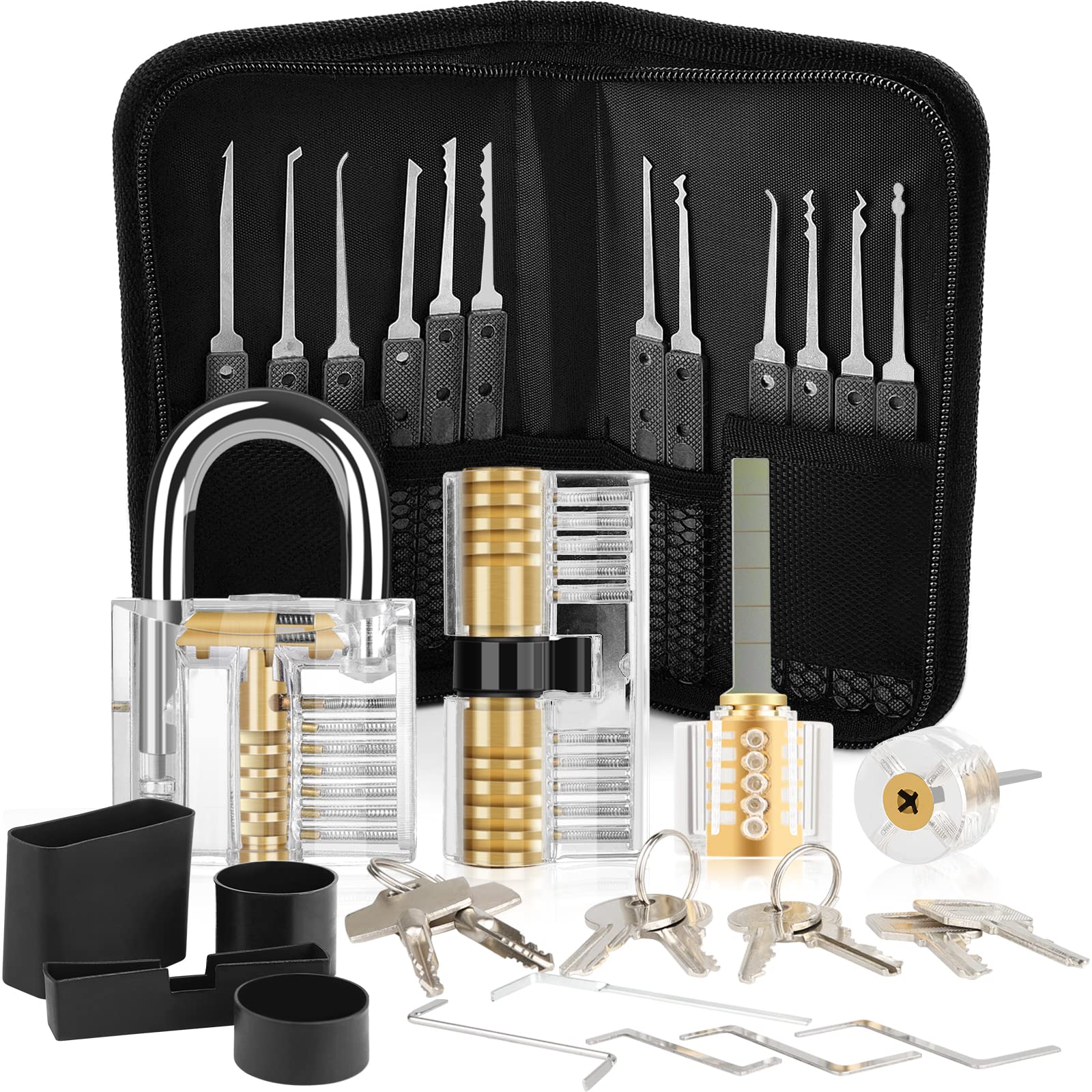 Diyife Kit de Crochetage Bleu Serrure 37 Pièces - 4 Serrure Transparente, Lock Picking Kit Outils de D’entraînement, Lockpicking Poignée en Silicone Confortable - Noir
