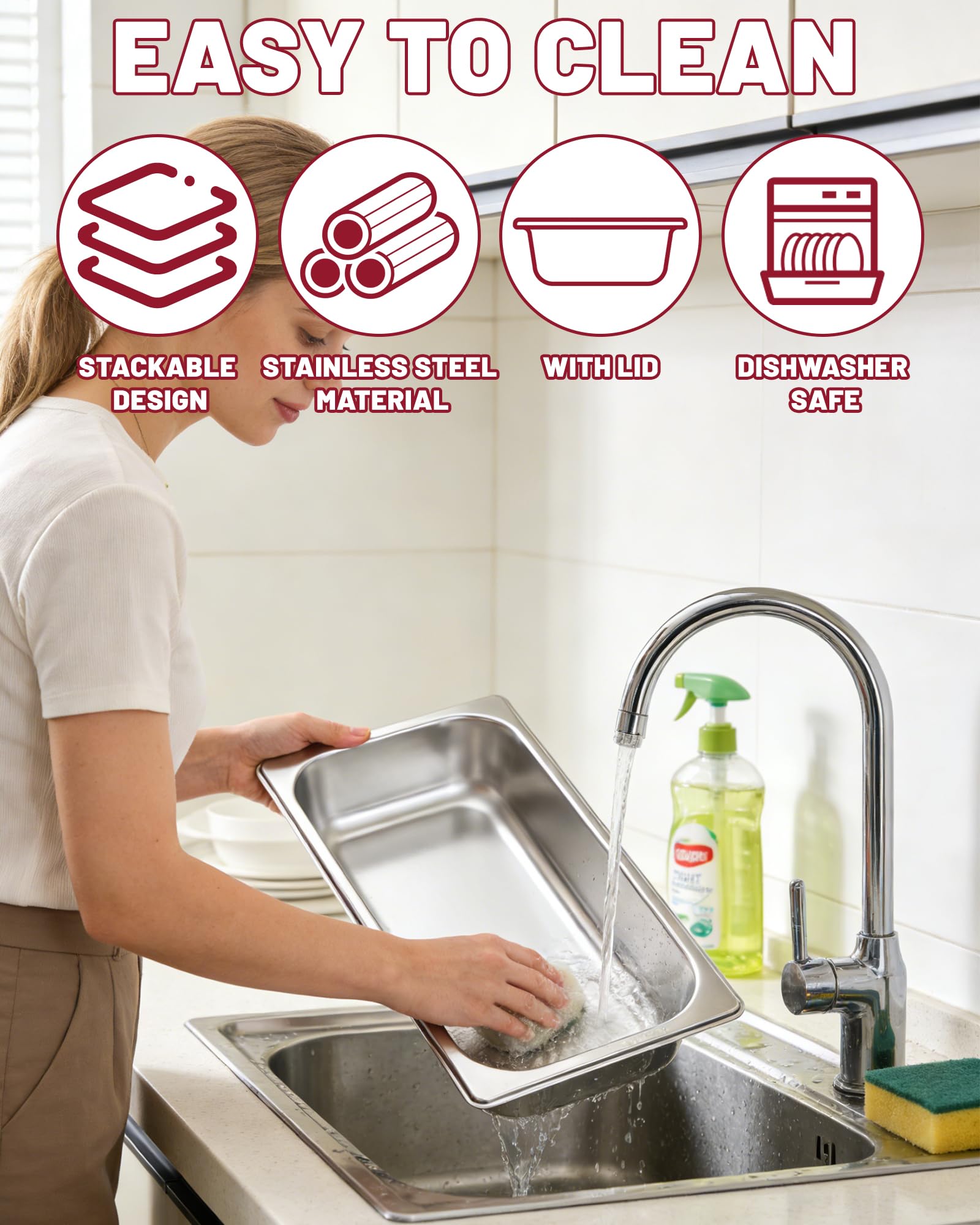 Set 3 Ciotole per Impanare in Acciaio Inox GN 1/3 con Coperchio Contenitori Rettangolari per Carne Cotoletta e Preparazioni in Cucina 32,5 x 17,5 x 6,5 cm