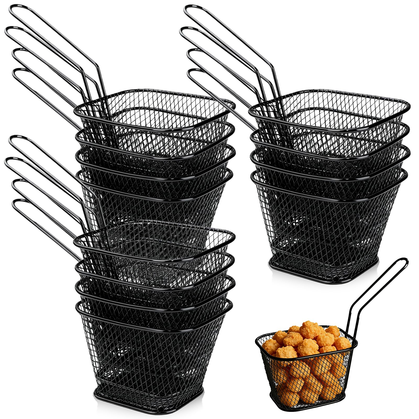 12 cestini per patatine, in acciaio inox, piccoli cestini da portata con manico, mini cestini per patatine fritte, gamberetti, anelli di cipolla e snack (nero)