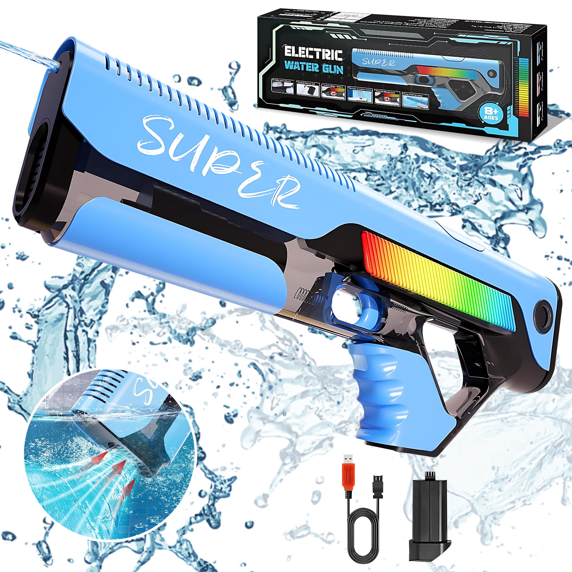 ROHSCE Electric Water Gun for Kids – High Powered Automatic Squirt Gun, Auto Suction Water Guns 32 FT Long Range Battery Water Blaster for Pool Beach Summer Outdoor Games