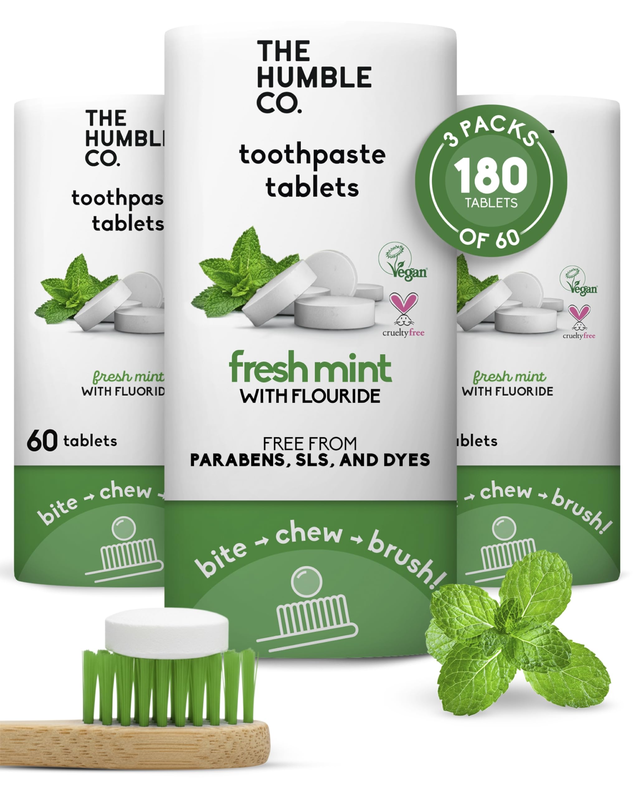The Humble Co Chewable Toothpaste Tablets with Fluoride, Mint - Bite, Chew, Brush - Zero Water & Plastic Free Toothpaste Tabs - Travel-Friendly &
