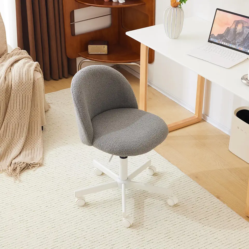 Bonnlo Chaise de Bureau Mignonne sans Accoudoirs, Petite Chaise Confortable, Fauteuil de Coiffeuse avec Support Lombaire, Chaise Pivotante Réglable pour Bureau, Chambre, en Teddy (Gris)