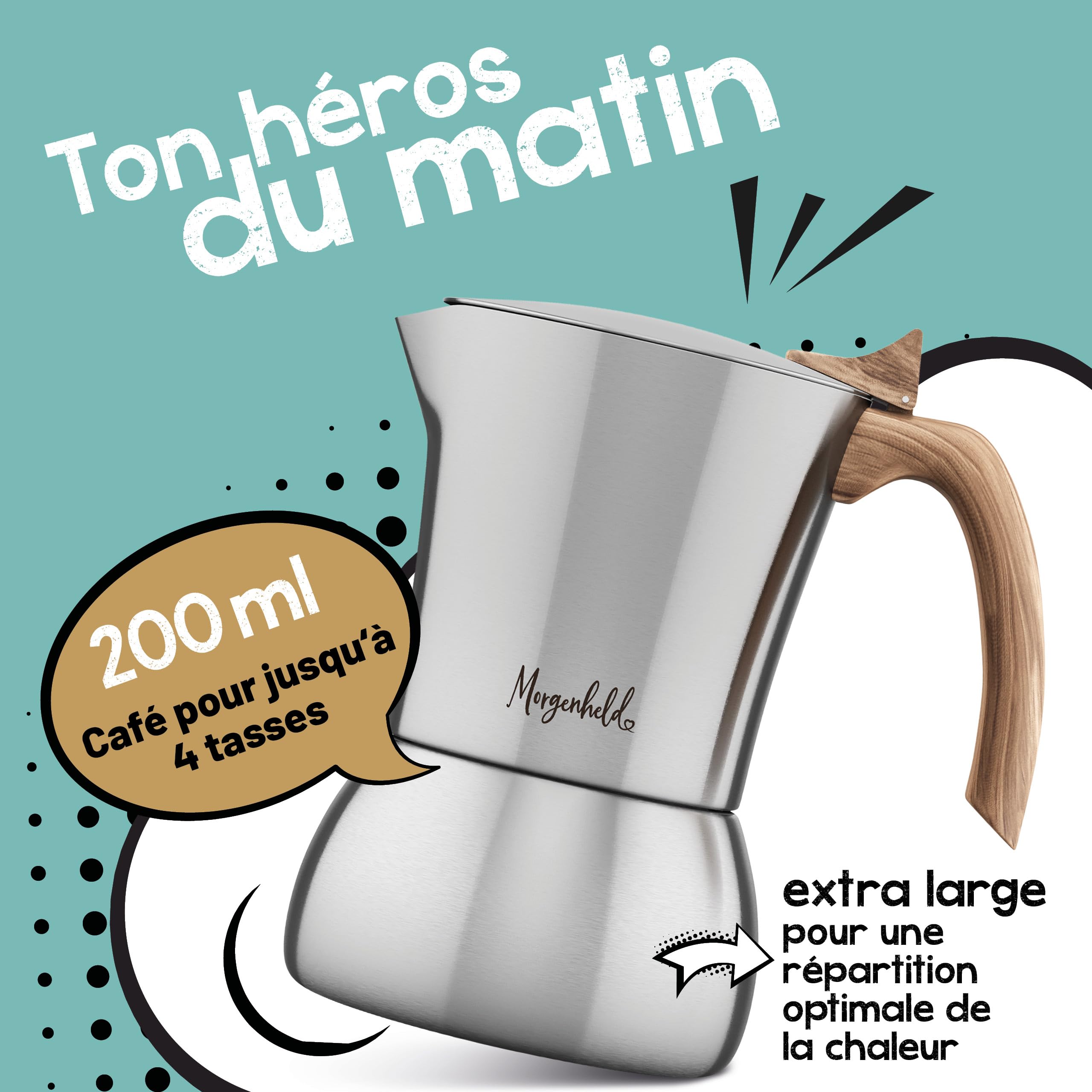 Morgenheld FLOW Cafetière italienne en acier inoxydable 4 tasses (200 ml) – pour induction, gaz, électrique et céramique – sans aluminium, insert amovible lavable au lave-vaisselle