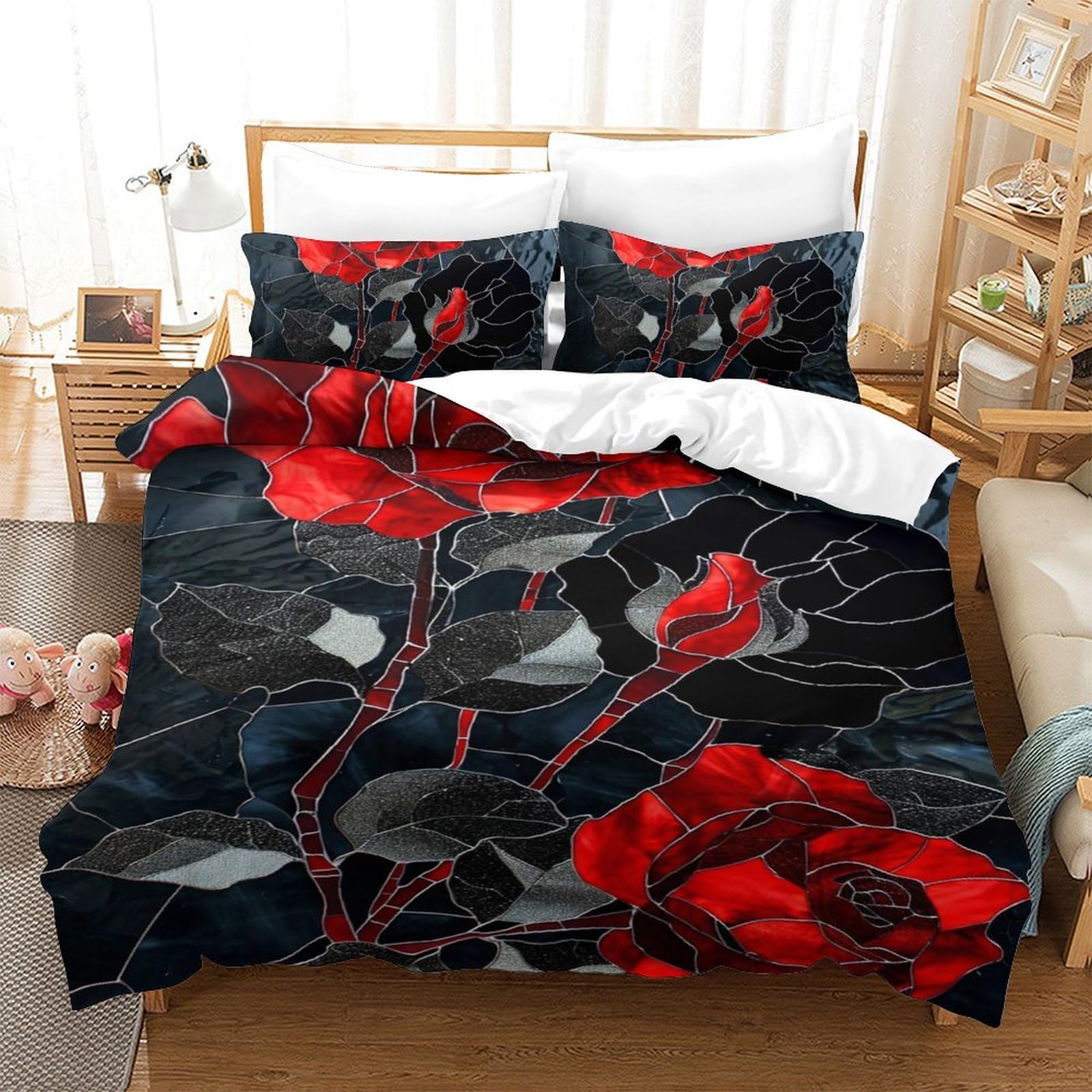 Housses de couettes 3 pièces en microfibre imprimé roses colorées 140x200