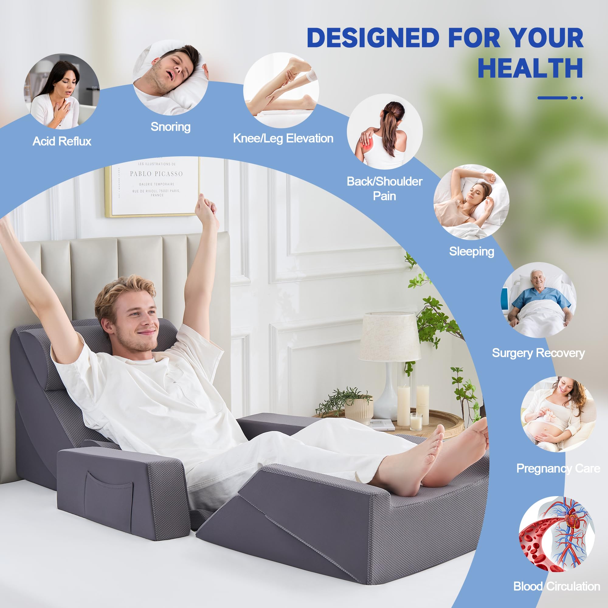 Set di 9 cuscini a cuneo ortopedici in schiuma per corpo, schiena e gambe, per alleviare il dolore a corpo, schiena e gambe, cuscino di supporto regolabile con reflusso acido, in memory foam, grigio