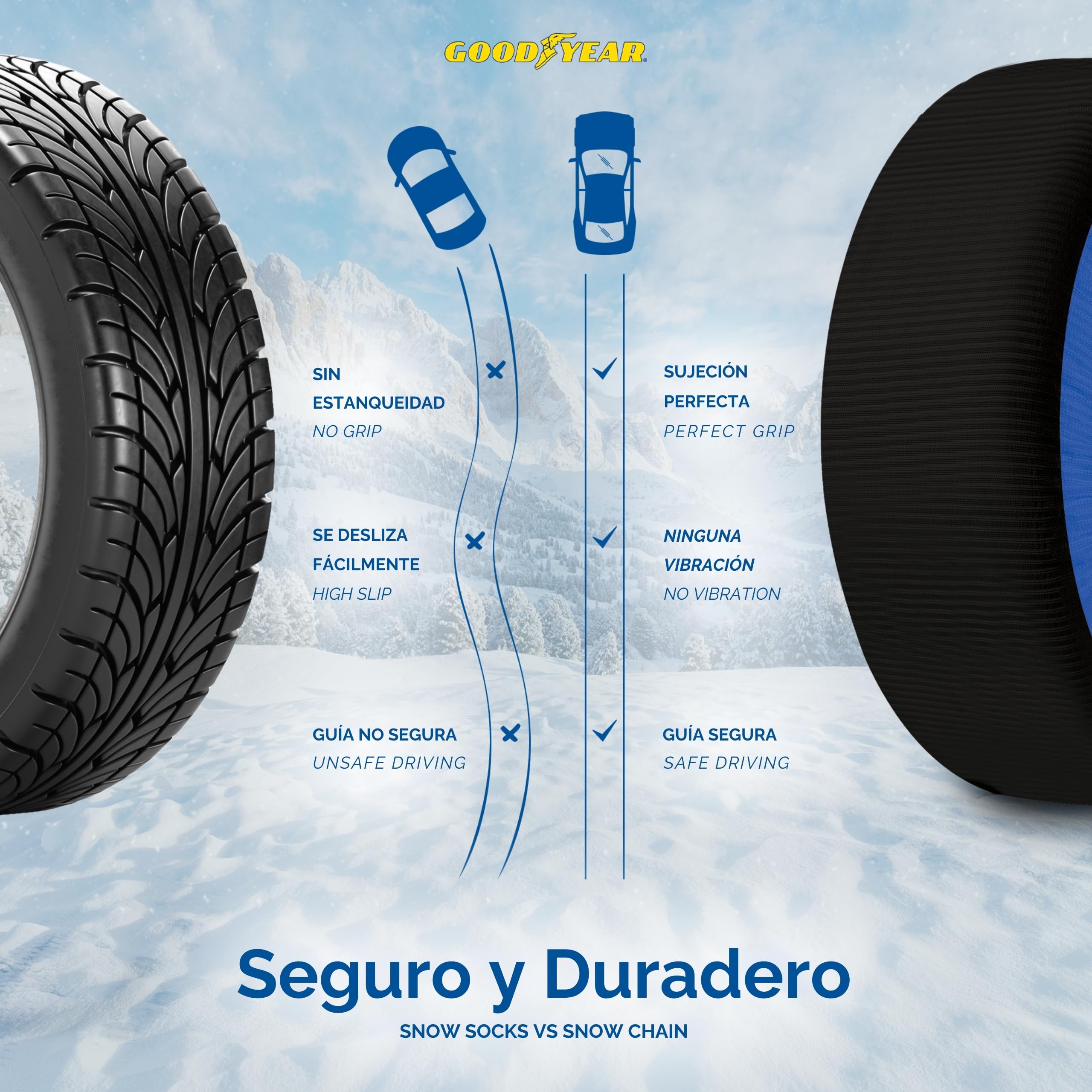 Goodyear Calcetines de nieve GoodYear Star Gripper homologados Italia EN 16662-1:2020 dos cadenas de nieve de tela para coche. Snow Sock Talla XL