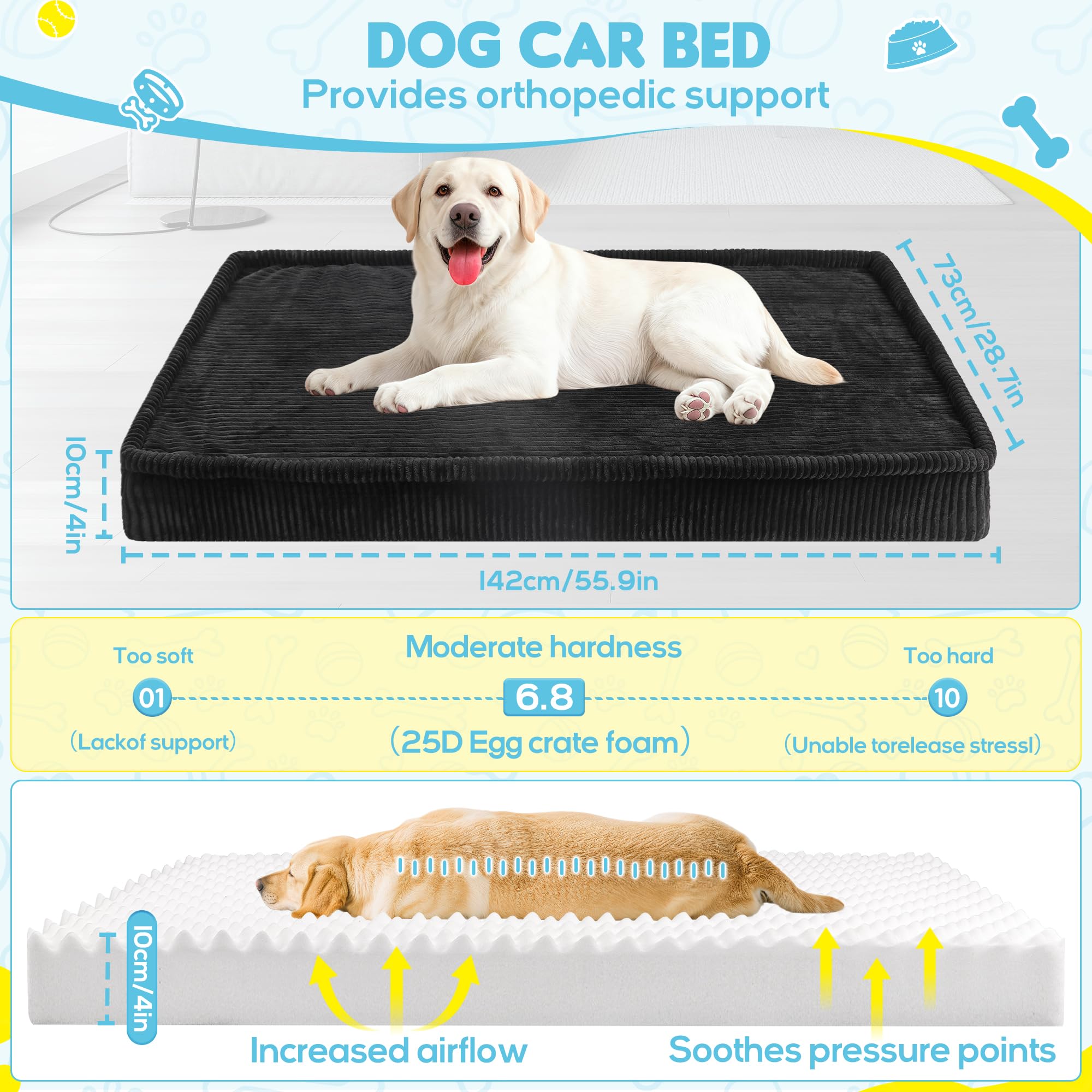 Loiion Thickened 4 in Orthopedic Dog Car Bed, Non-Slip Backseat Pet Mat, Removable Washable for SUVs/Sedans/Trucks, Plush Comfort for Large/Senior Dogs, Easy Clean (Black, XL（56" Lx28.7 M×4" H) - image 4