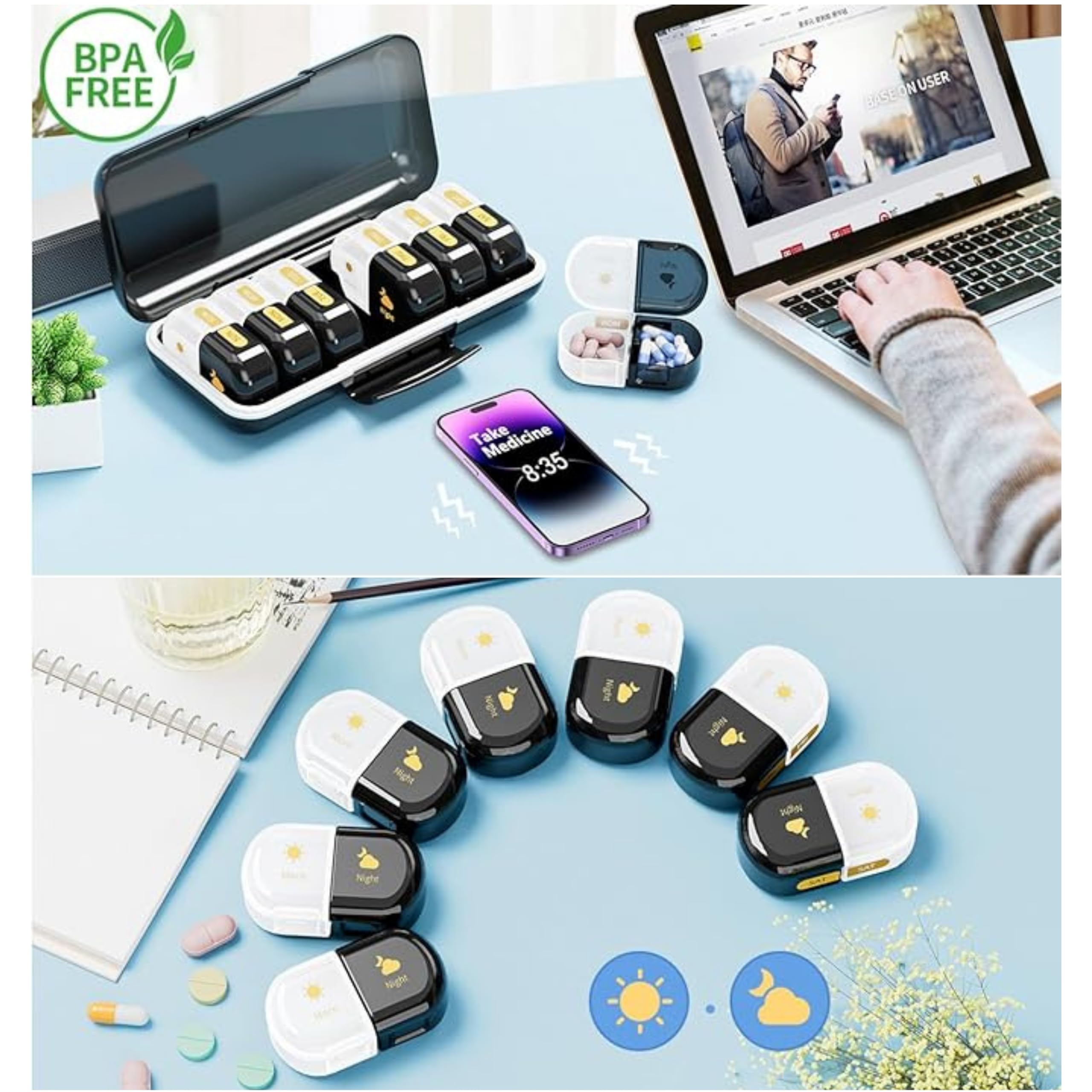 POPCUBE Premium Medicine Organizer Box 2 times a day with Detachable Compartments-Pill Organizer Box for Travel, storing medicines, pills, supplements (Black & White) 3