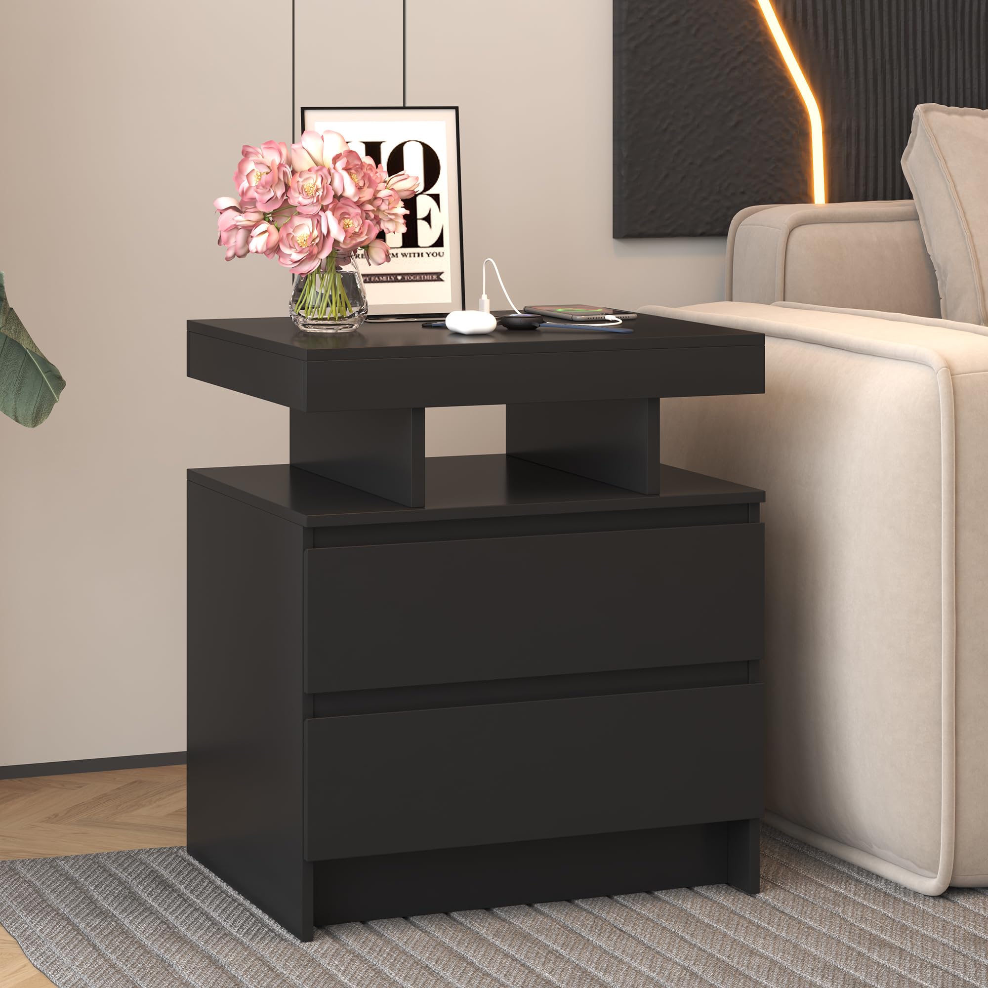 Vlsrka LED Table de Chevet avec Station de Charge & USB | Table de Nuit Intelligente avec 3 couleurs d'éclairage, Moderne Chevet de lit bois avec 2 tiroirs, Chambre à Coucher, Noir
