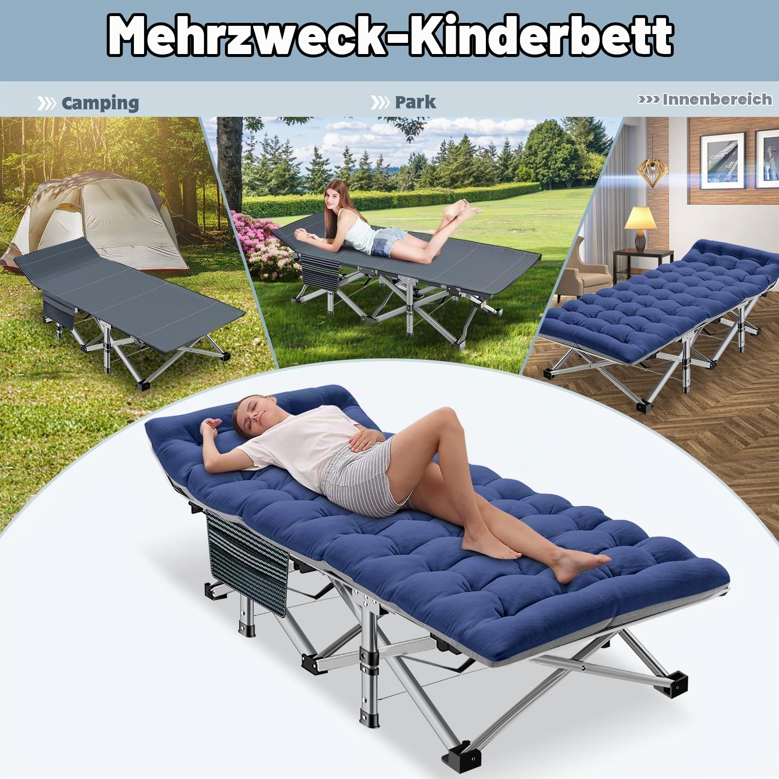 MOPHOTO 70x190x36cm Einzel Klappbar Feldbett mit Dünn Auflage | 200KG Ladung Schwerlast-Campingbett, Rahmen aus Kohlenstoffstahl & Oxford-Gewebe, Tragbares Outdoor Bett für Erwachsene