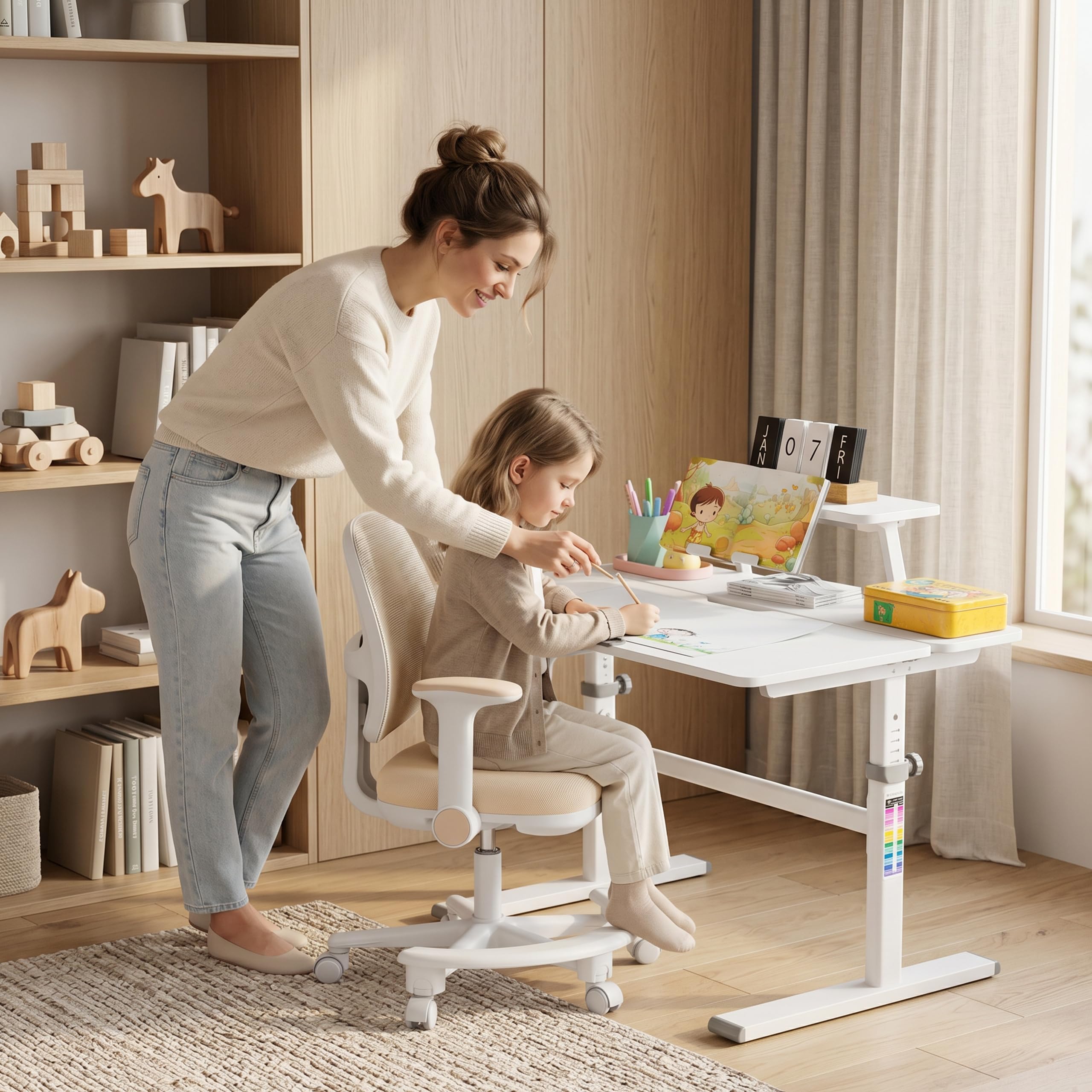 MARK ADLER Junior 3.6 Ergonomischer Schreibtischstuhl für Kinder - Beige | Mitwachsender Drehstuhl 90-160 cm - Höhenverstellbar - Mit Fußstütze - Klappbare Armlehnen 0-90°
