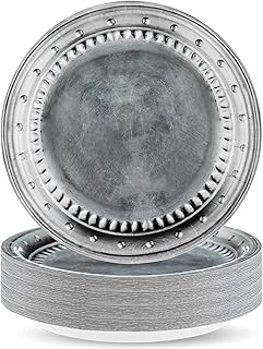 48 Pcs Medieval Party Supplies Disposable Pewter Paper Plates Dinner Round Tableware Vintage Silver Grey for Pirate Knight Castle Renaissance Halloween Party Decorations 9"
