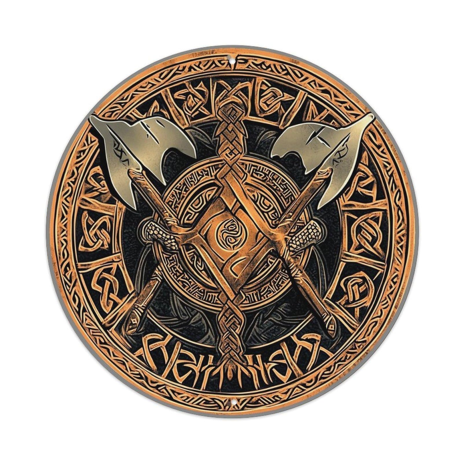 Crossed Axes Celtic Knot Design Vintage Metal Tin Sign Retro Wall Decor for Home Bar Garage Cafe, Indoor & Outdoor Decorative，circle Metal Poster, 8x8 Inch