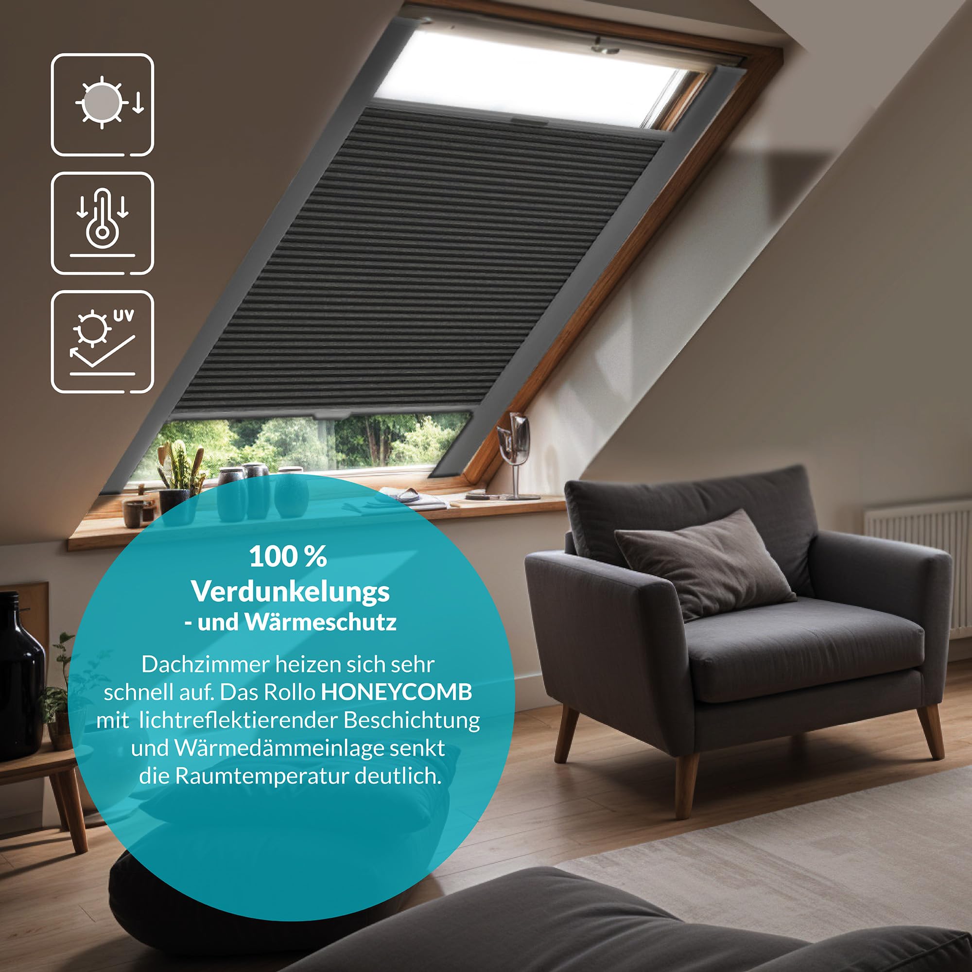 Estika Custom Dachfenster Wabenplissee - nach Maß - Premium Kollektion 7 Stofffarben - Breite 30-120 cm, Höhe 50-149 cm - Dachfensterrollo, Sonnenschutz Dachfenster, Thermo-Plissee