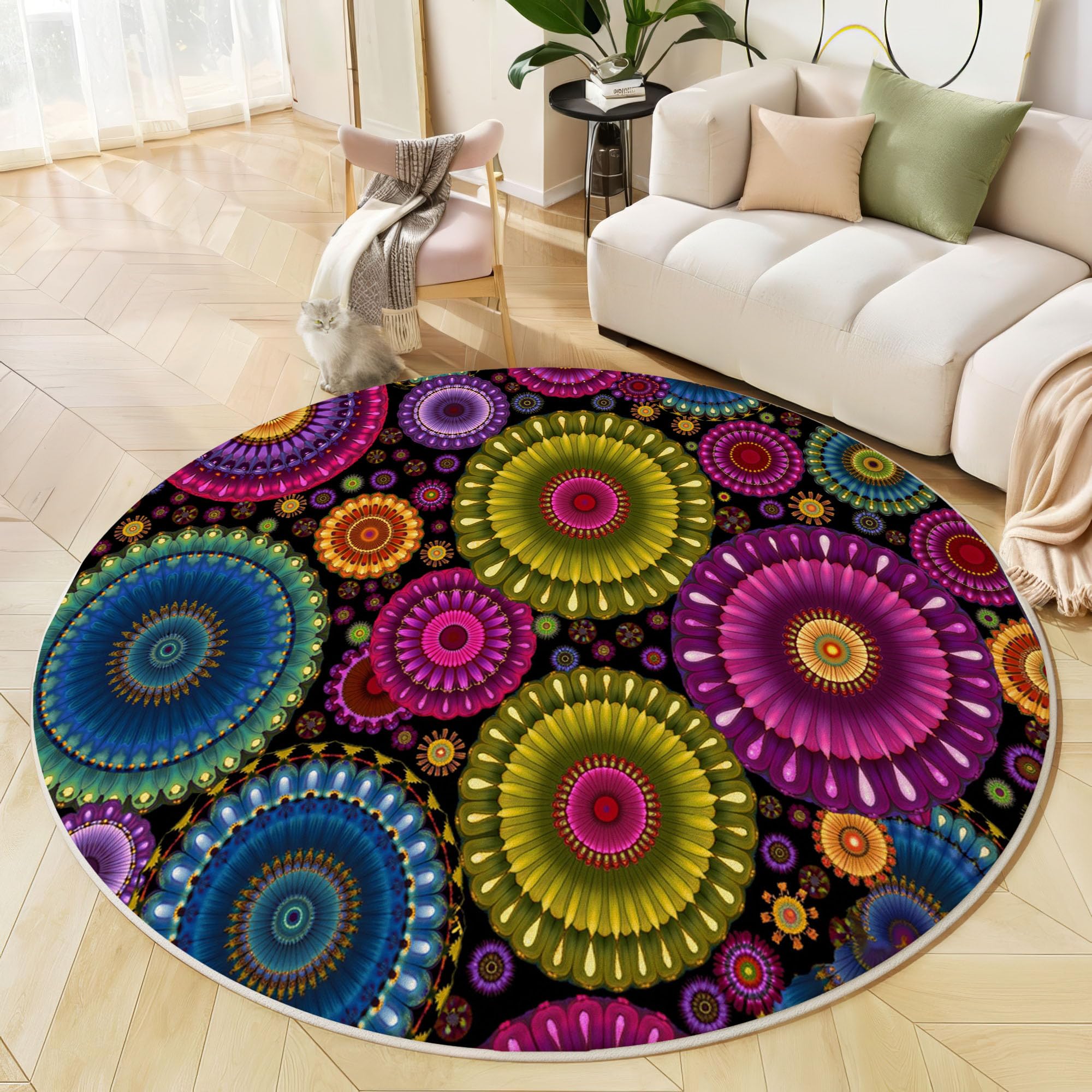 Tapis salon rond poil ras 160 cm mandala géométrique violet profond lavable