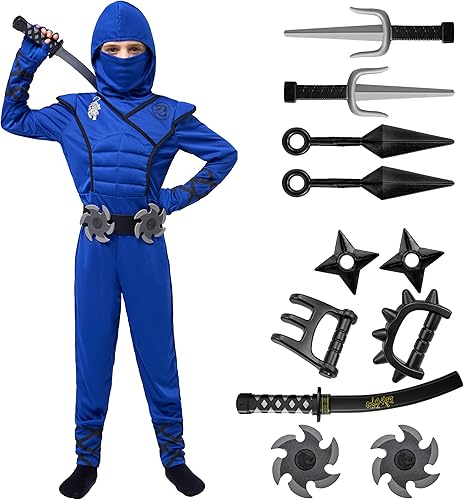 Spooktacular Creations Disfraz de ninja azul para niños, disfraz de ninja de lujo para niños, disfraz de ninja de Halloween (azul, M (8-10 años))
