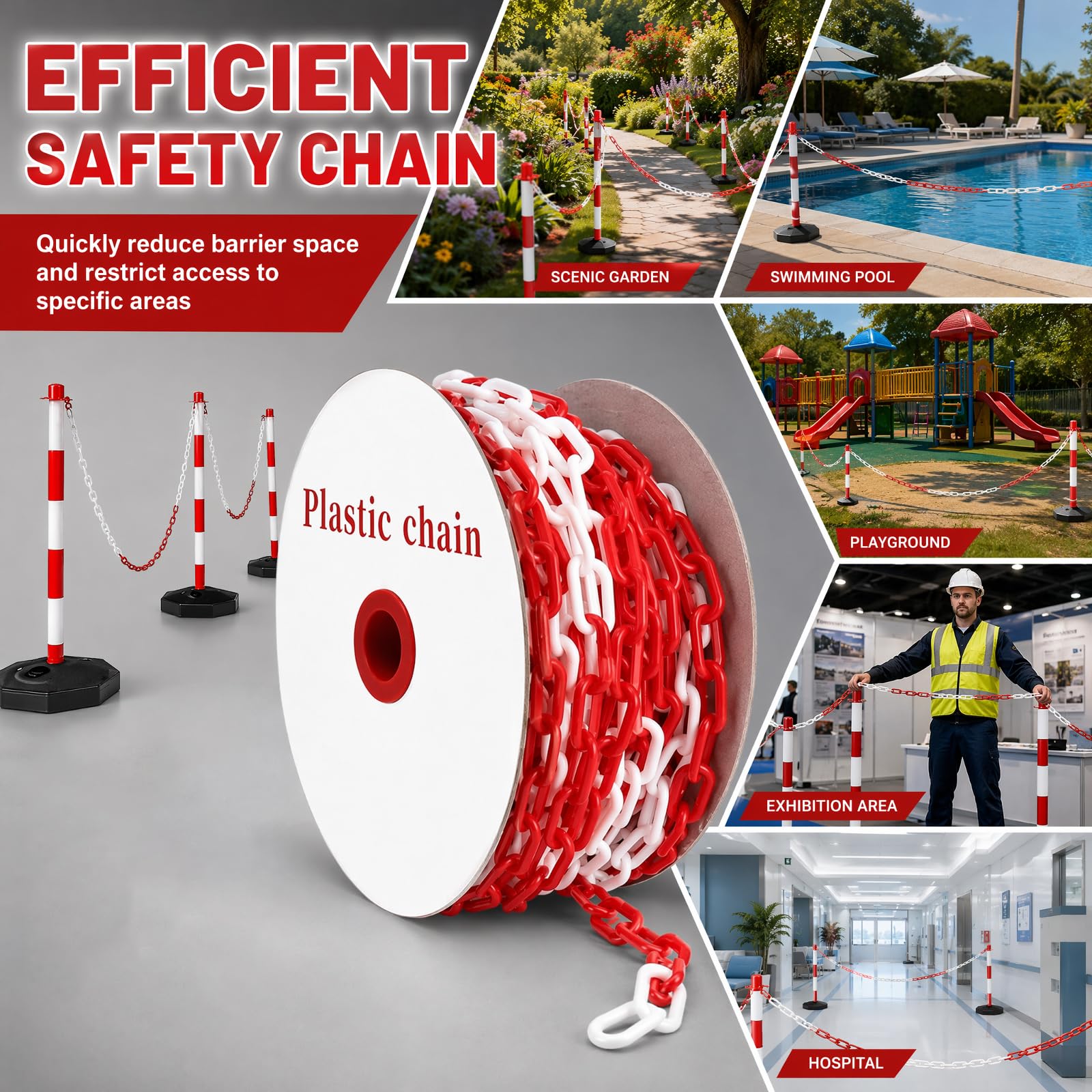 Catena di sicurezza rossa e bianca, in plastica, 6/8 mm, con moschettoni, catena di sicurezza per cantieri, parcheggi, manutenzione di ordini, garage (rosso-bianco, 8 mm-50 m)