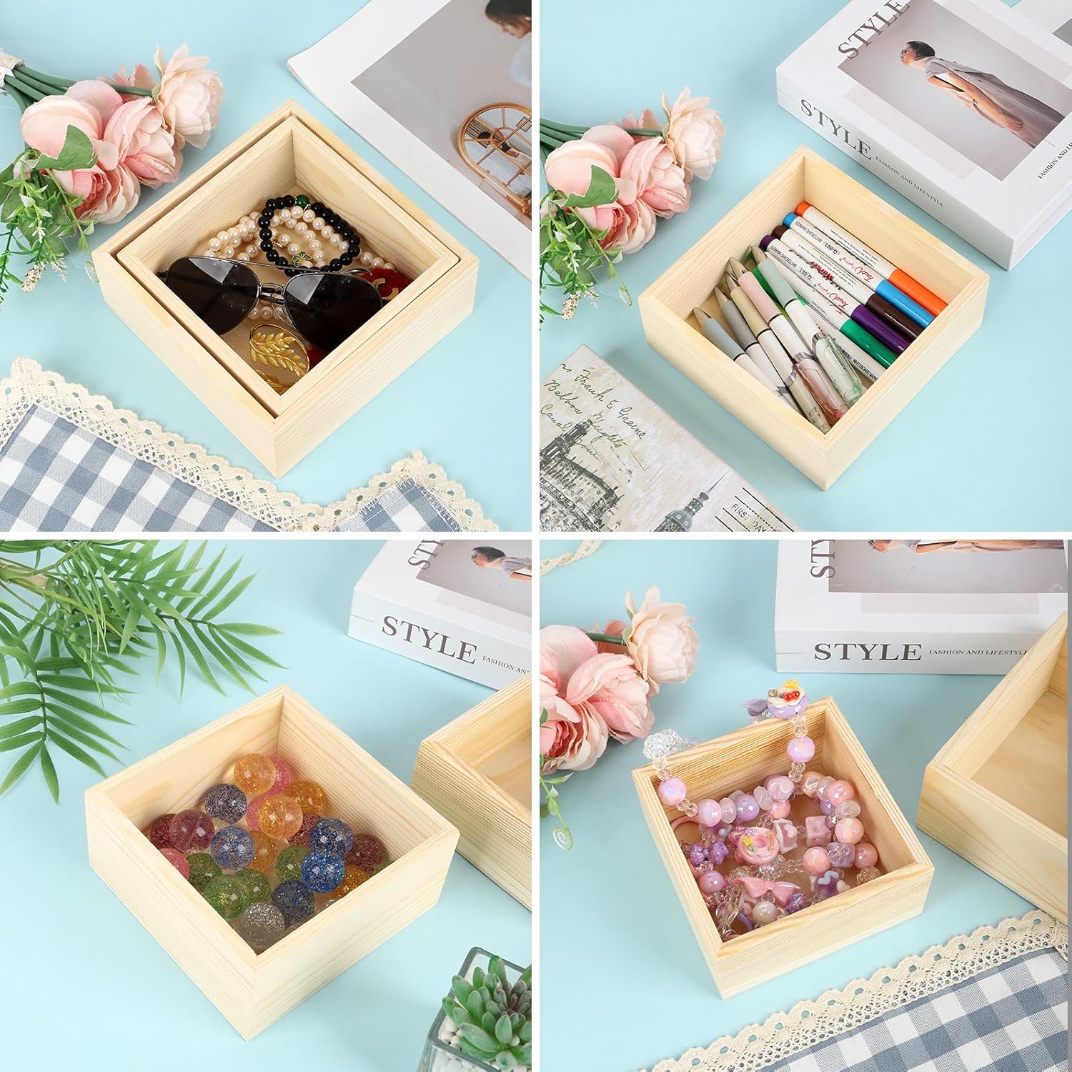 16 Pcs Unfinished Wooden Boxes, 4 Sizes Wood Crates for Crafts, Rustic Square Storage Centerpiece for Table, Home Drawer Decor, Treasure Box, 6.3x6.3, 5.5x5.5, 4.7x4.7, 4x4 Inch