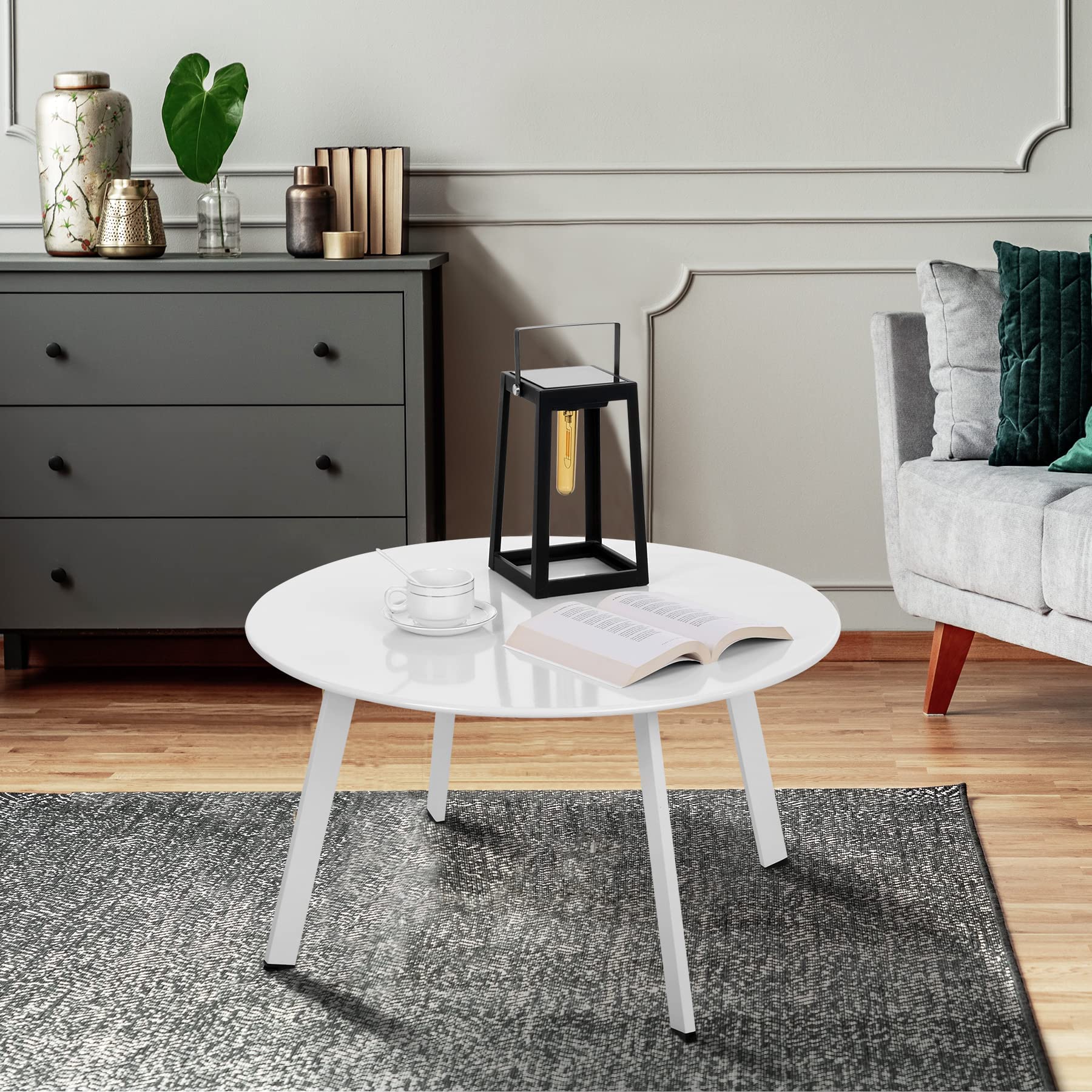 Fokebel Mesa auxiliar de metal, para jardín, redonda, mesa baja de centro con patas ajustables (blanca, 70 cm de diámetro x 40 cm de altura)