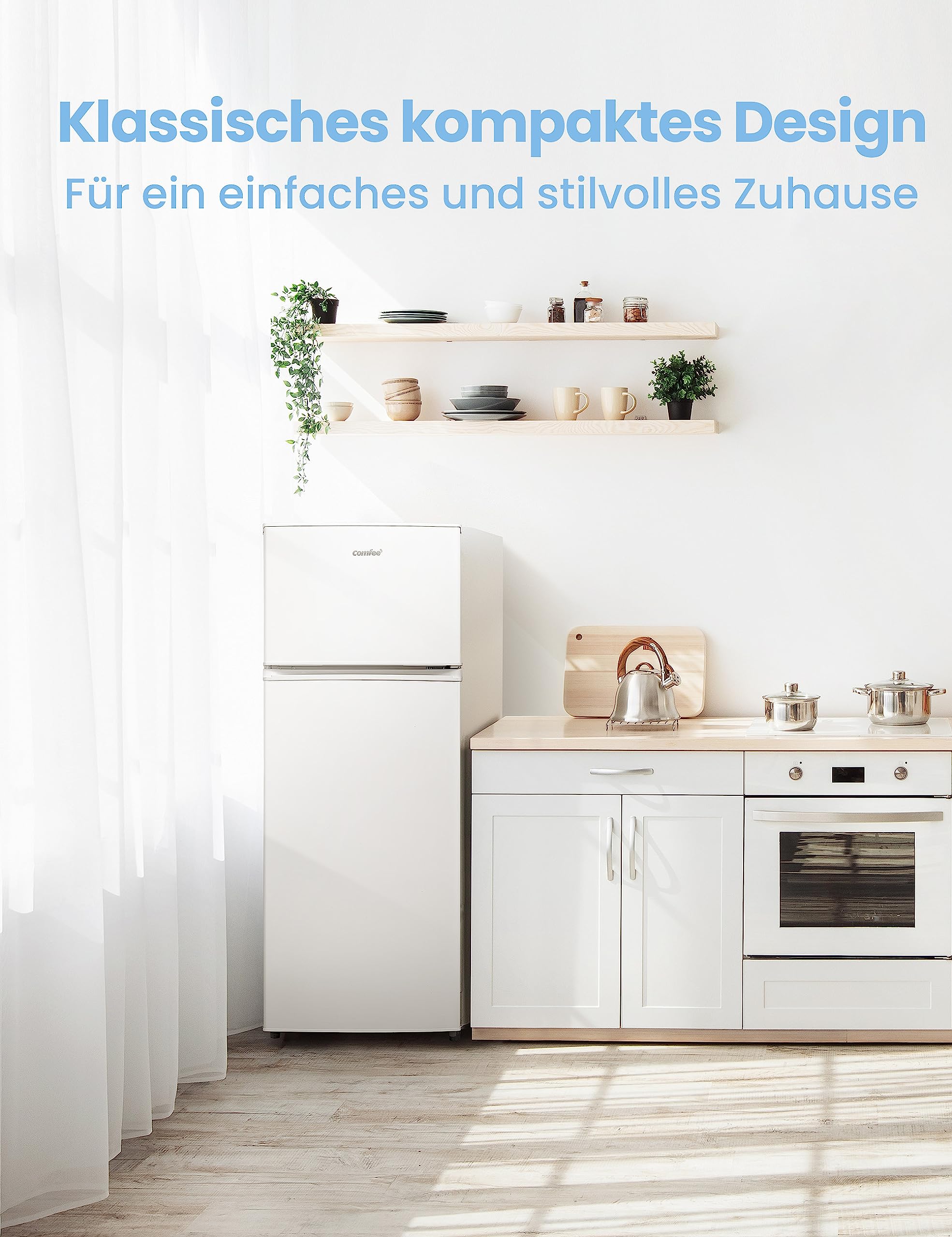 Comfee RCT284WH2A Kühl-/Gefrierkombination/Gefrierteil oben/176 kWh/Jahr/143cm Höhe/LED Licht/Reversibles Türscharnier/Weiß 204L – Bild 9