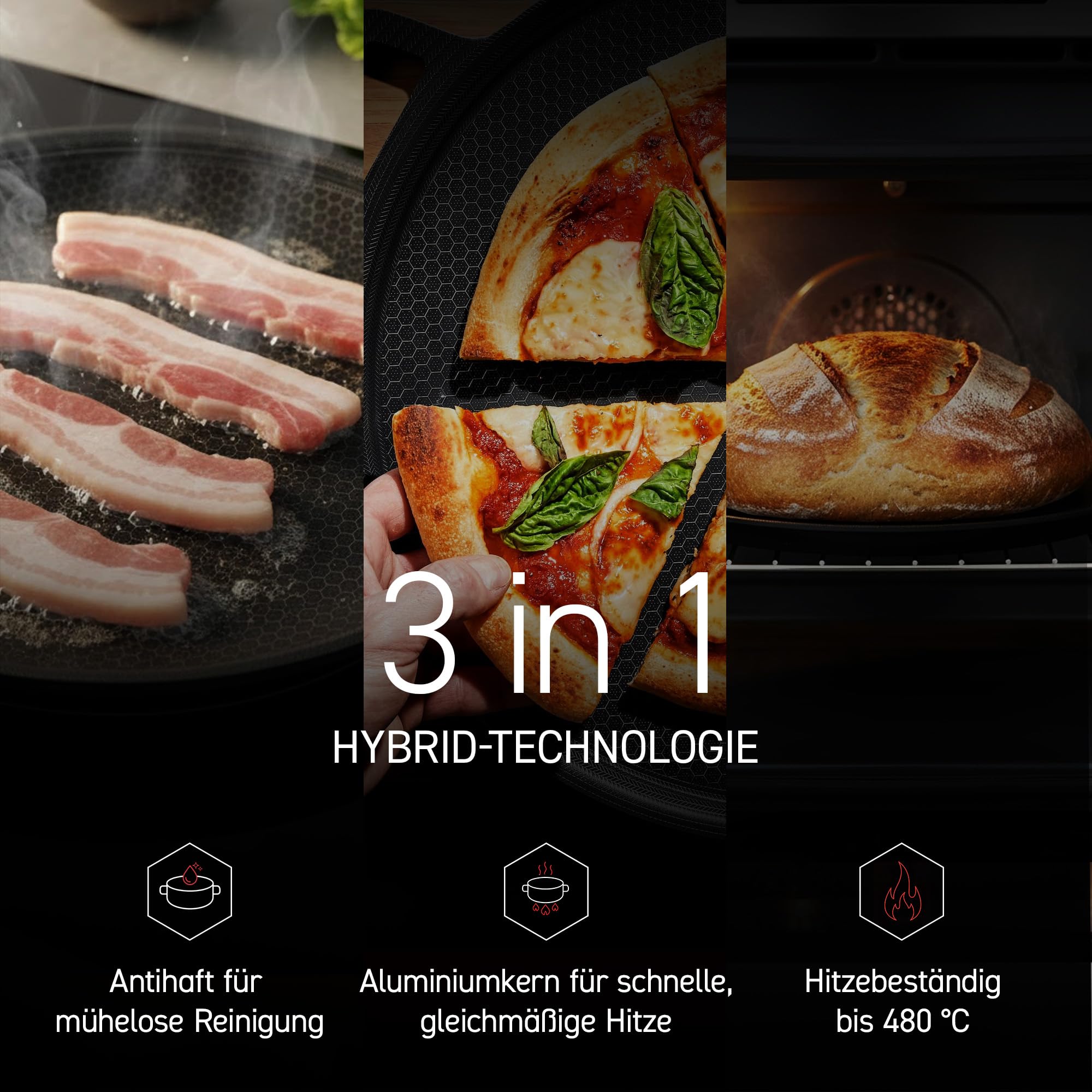 HexClad Hybrid-Pizzastahl – Backstahl für knusprige Pizzaböden | Antihaft-Beschichtung, grill- & ofenfest bis 480°C, Pizzablech für Pizzen & Fladenbrote bis 35 cm
