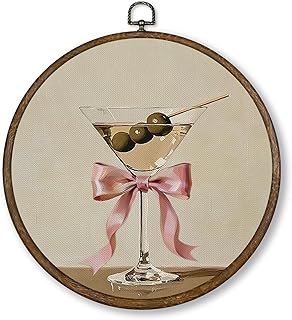 Qskjre Funky Martini Pink Bow Wall Art Bar Cart Decor,Trendy Olive Dirty Martini Round Wood Framed Canvas Wall Artwork, Vintage Cocktail Hanging Prints for Dining Room Kitchen Decorations, 10x10inch