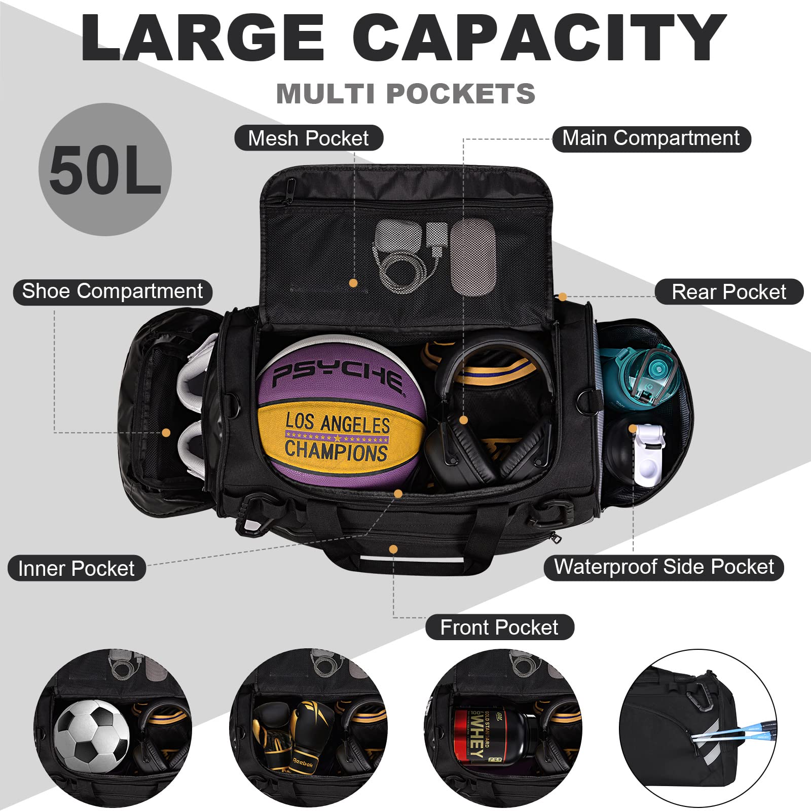 ESTARER Gym Bag Sports Duffel Bags for Men 50L with Shoe Compartment ...