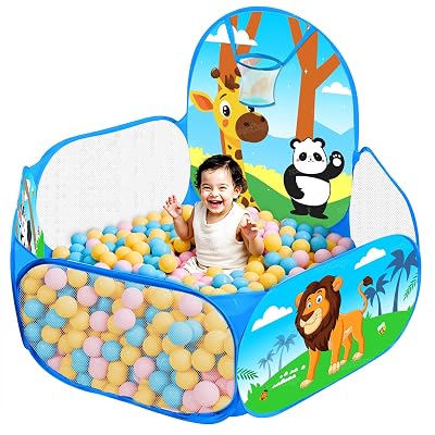 Zest 4 Toyz Ball Pool for Kids Play Pit with Fun Animal Design Indoor and Outdoor Playpen with Basketball Hoop Foldable 