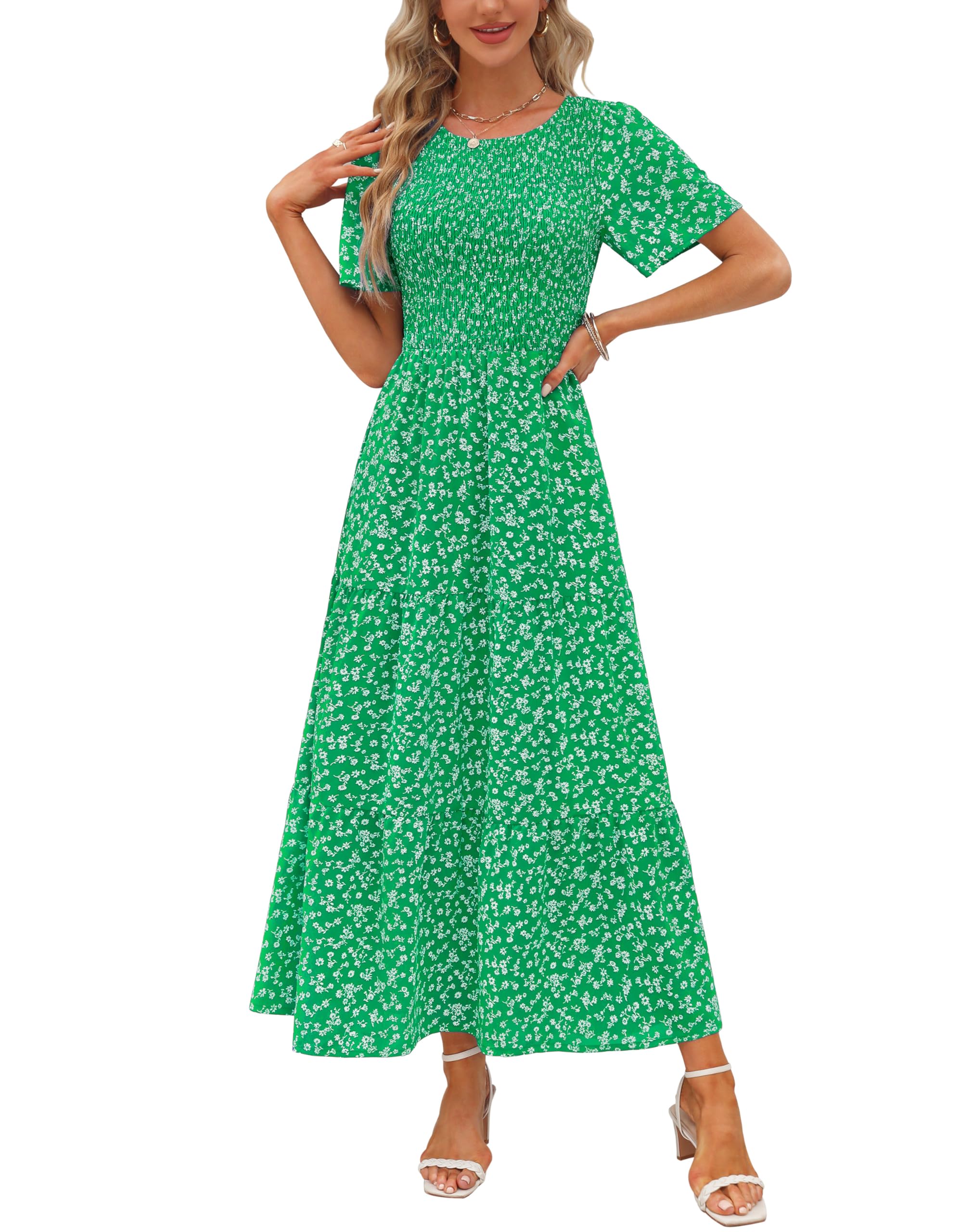 MaggeerWomens 2025 Summer Fall Smocked Wedding Guest Maxi Dress Casual Short Sleeve Floral Boho Flowy Long Dress