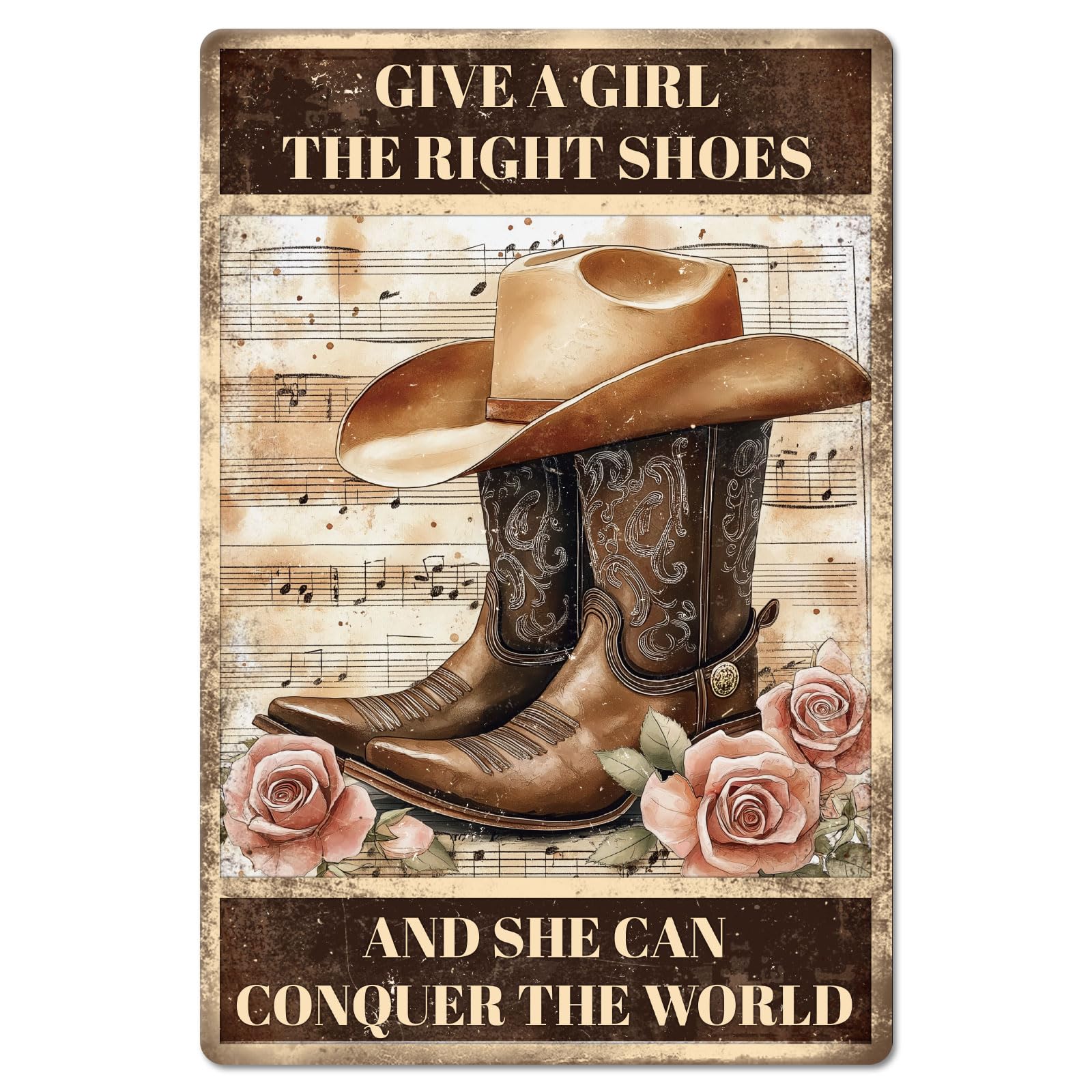 GLOBLELAND Vintage Flowers Cowgirl Boots Metal Tin Sign "THE RIGHT SHOES" Vintage Painting Tin Signs 12x8inch Retro Wall Art Plaque Poster for Home Office Bar Cowboys Club Farm Decoration