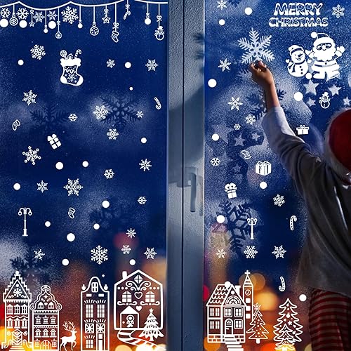 Miniatura 14 de CCINEE Adhesivo para ventana de Navidad, copos de nieve, Papá Noel, renos, para decoración navideña, 208 unidades Reno y Santa,Árboles rojos