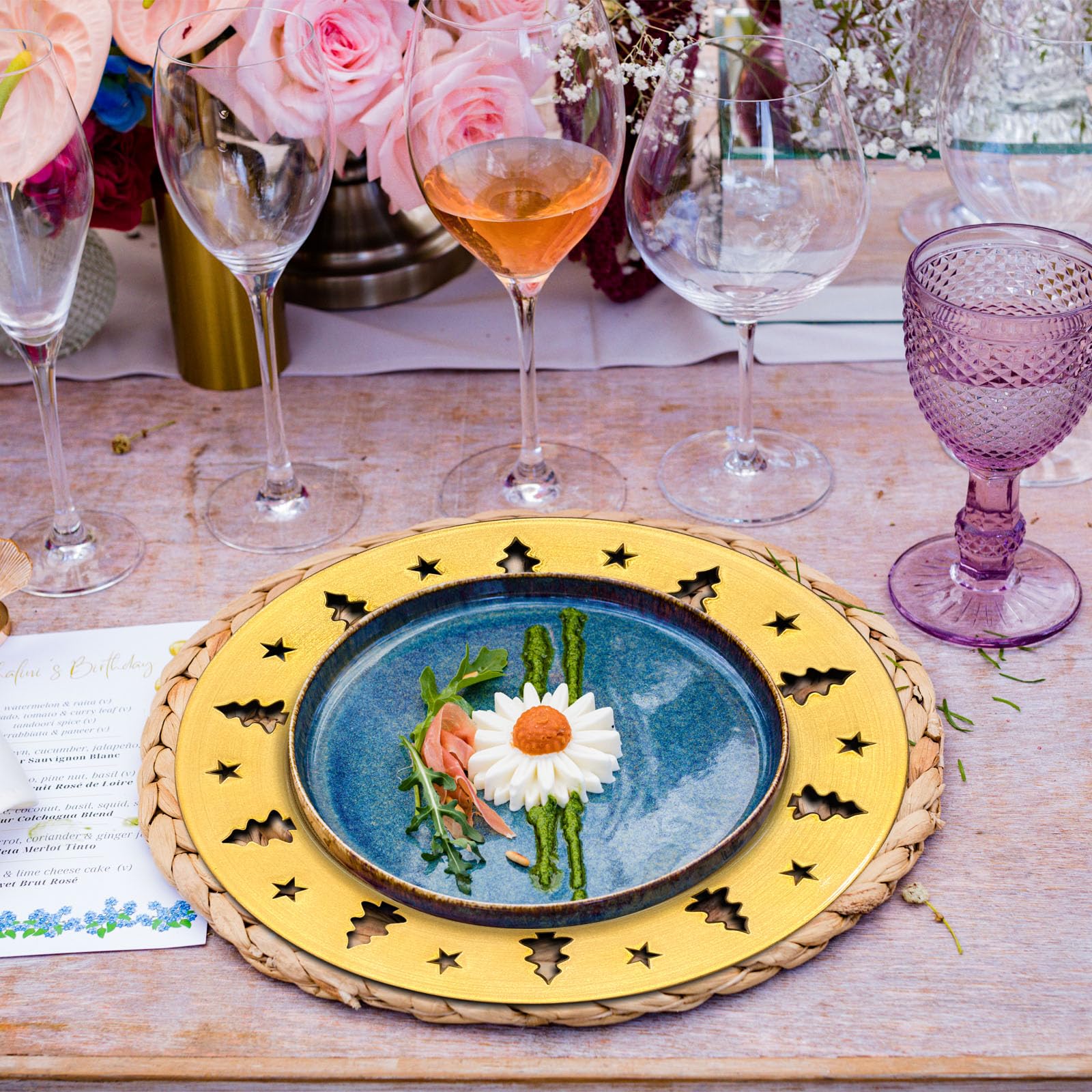 Platos de carga dorados para árbol de Navidad, reutilizables, calados, decoraciones de fiestas, cargadores redondos para platos de cena, elegantes centros de mesa, paquete de 6