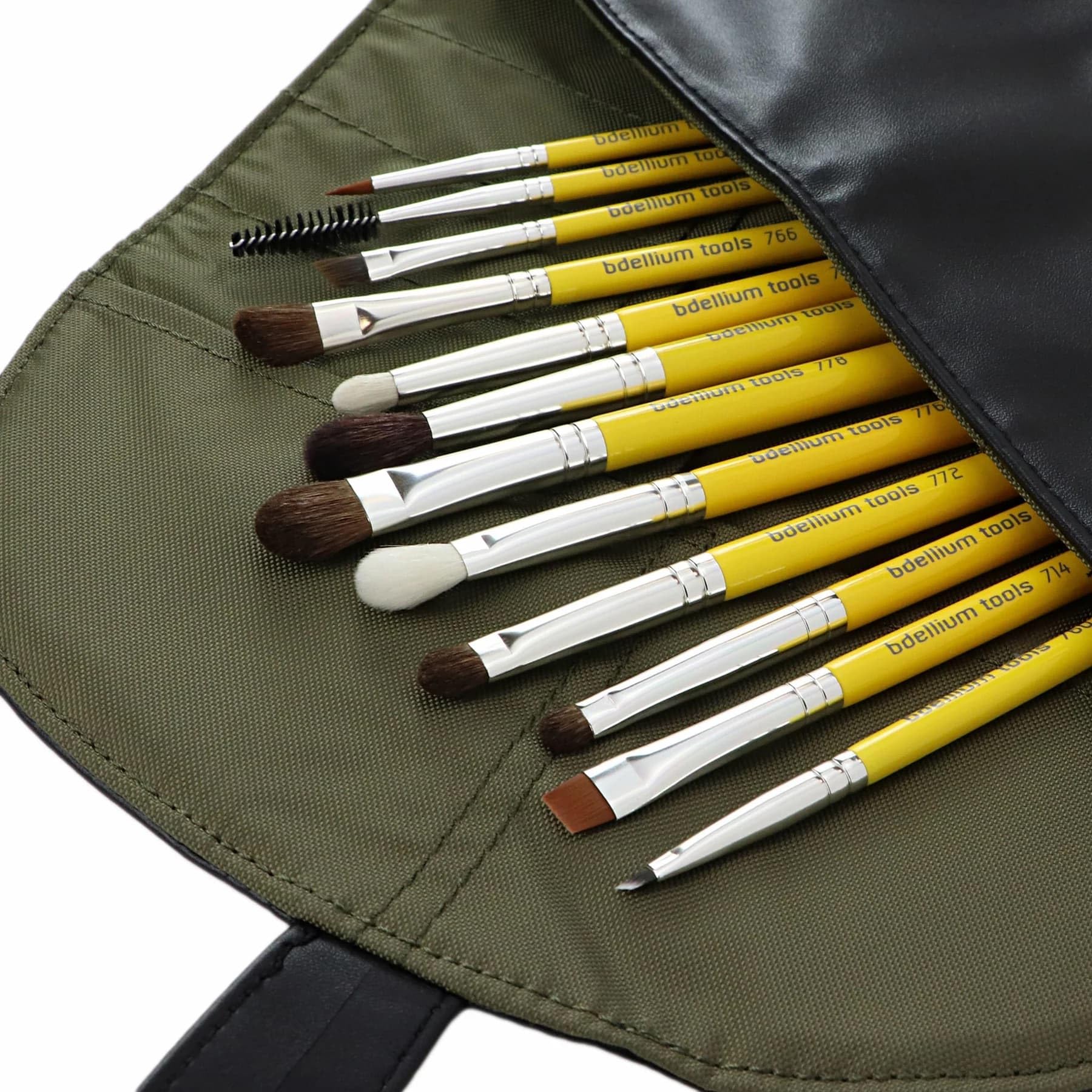 Bdellium Tools - Pennelli sfumatura occhi, professionali e antibatterici, con custodia arrotolabile, 12 pezzi