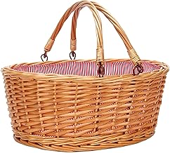 Wicker Picnic Basket with Double Folding Handles, Natural Large Willow Hamper Empty Basket Cheap Easter Eggs Candy Storage Wine Basket for Toy, Flower, Wedding（Red 16inch）