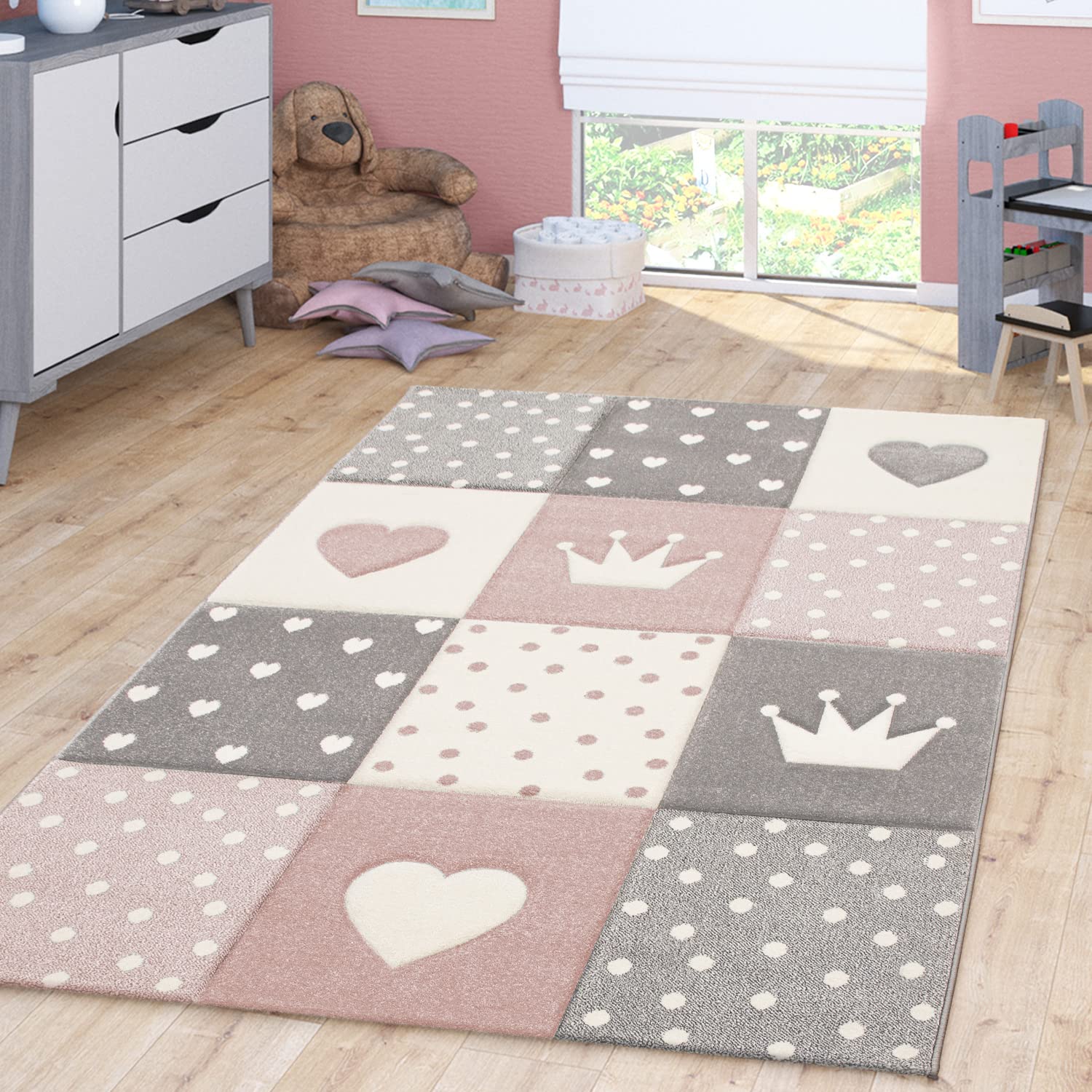 TT Home Alfombra para Niños Color Pastel 3D Lunares Corazón, Color:Rosa, Tamaño:80x150 cm