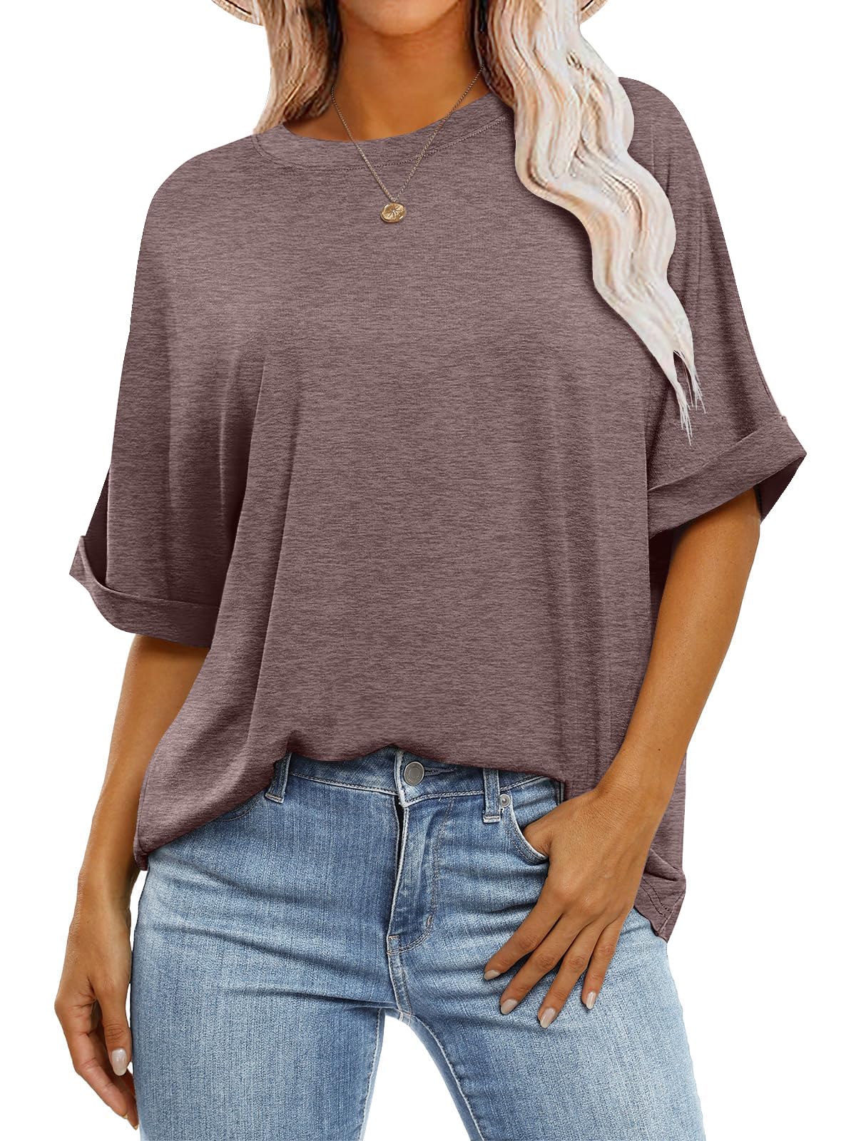 isermeo Women's Oversized Tunic Length Tops Rolled Short Sleeves Summer Tops Casual Crewneck T Shirt S-XXL