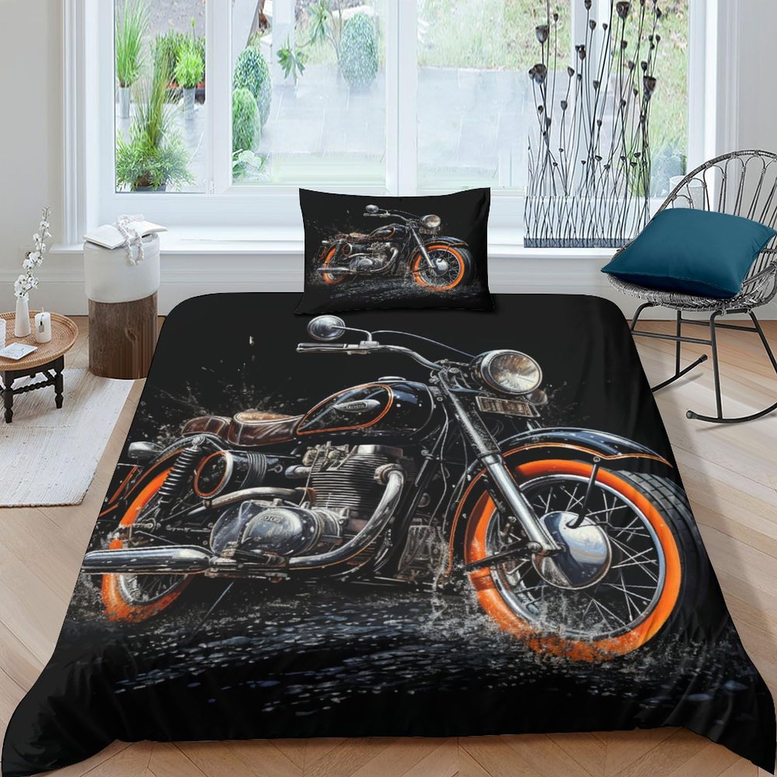 ESSAHI Harley Rider Duvet Cover Set 3D Print Bedding Set Microfibre Comforter Cover with Pillowcases Hidden Zipper 3 Pcs Vintage Motorbikes Quilt Cover for Kids Teens Adults Single（135x200cm）