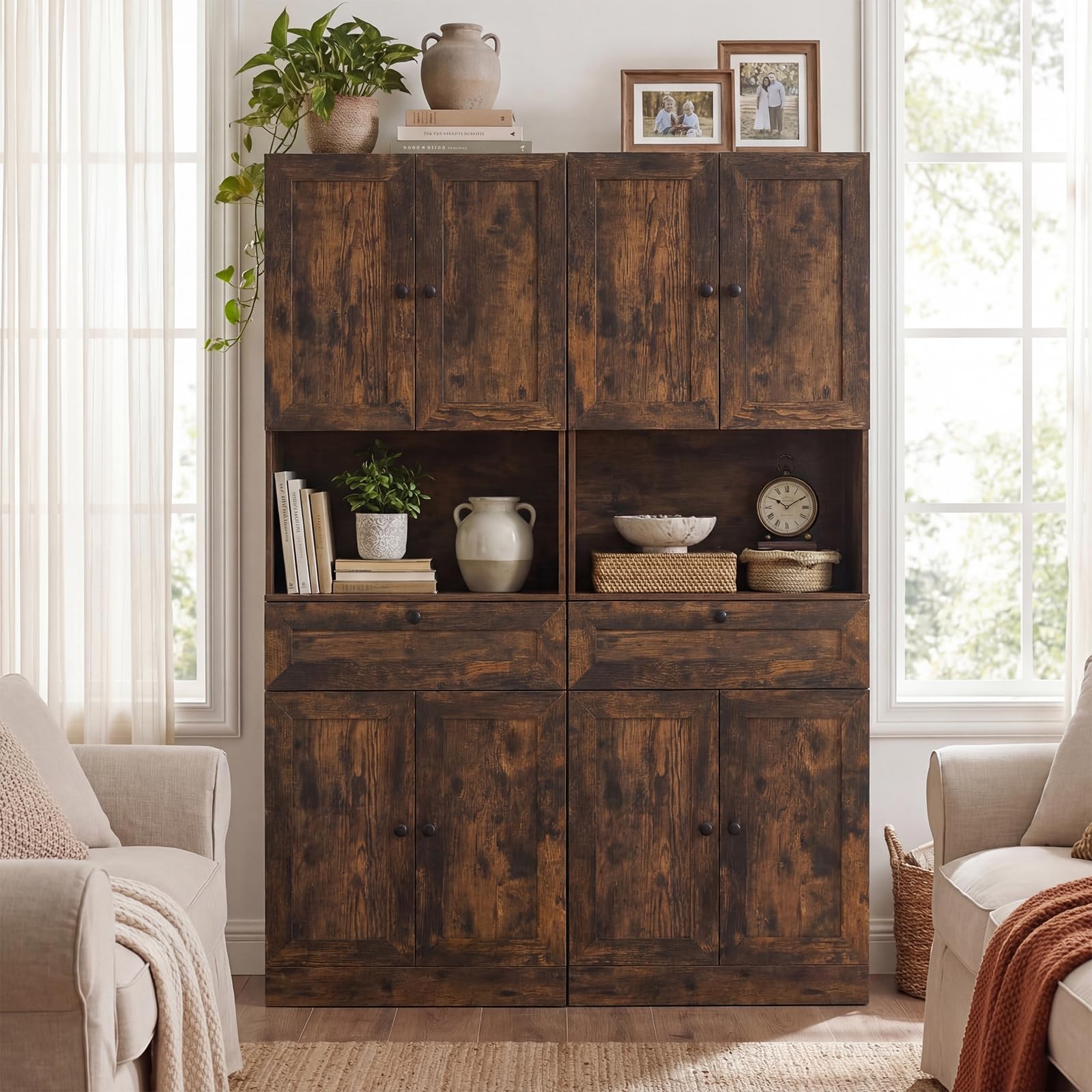 GIANTEX Armario Alto de Baño, 60x35x171,5cm, Mueble de Almacenamiento con 4 Puertas, 1 Cajón y Compartimento Abierto, Estante Ajustable, Kits Antivuelco, Organizador para Salón, Cocina (Marrón)