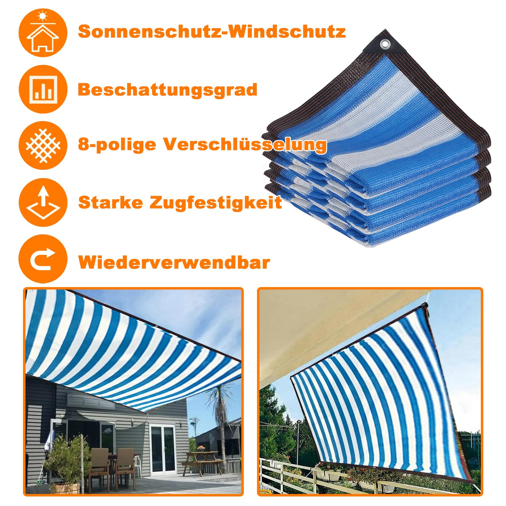Segeltuch mit ösen und Befestigungsseile - 10x10m - 65% Beschattungsrate, Kratzfest - Schattiernetz - Sonnensegel für Gewächshaus Garten Gemüseg, Blaue Streifen
