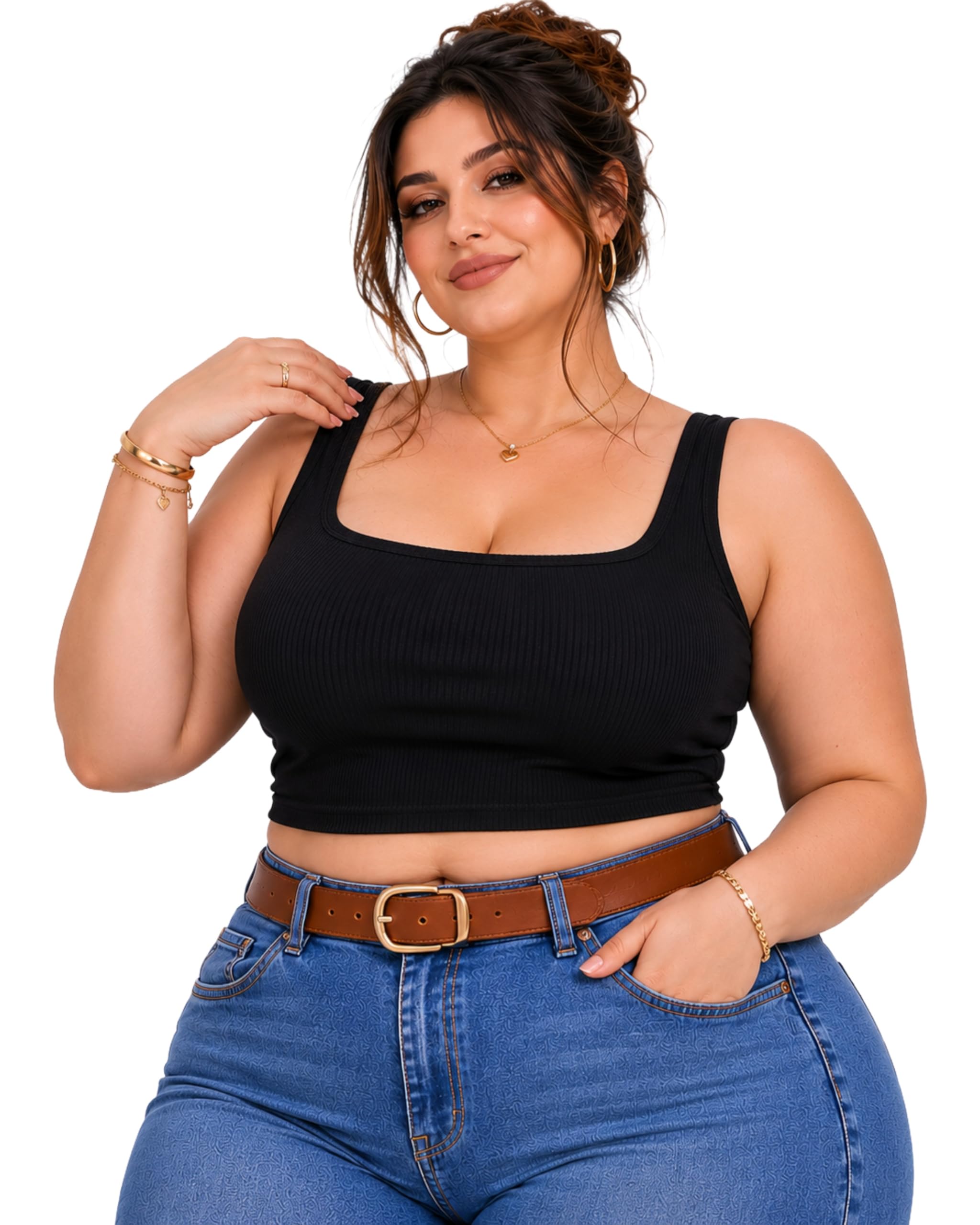 Women's Plus Size Ribbed Crop Tank Top, Square Neck, Sleeveless-picture-29