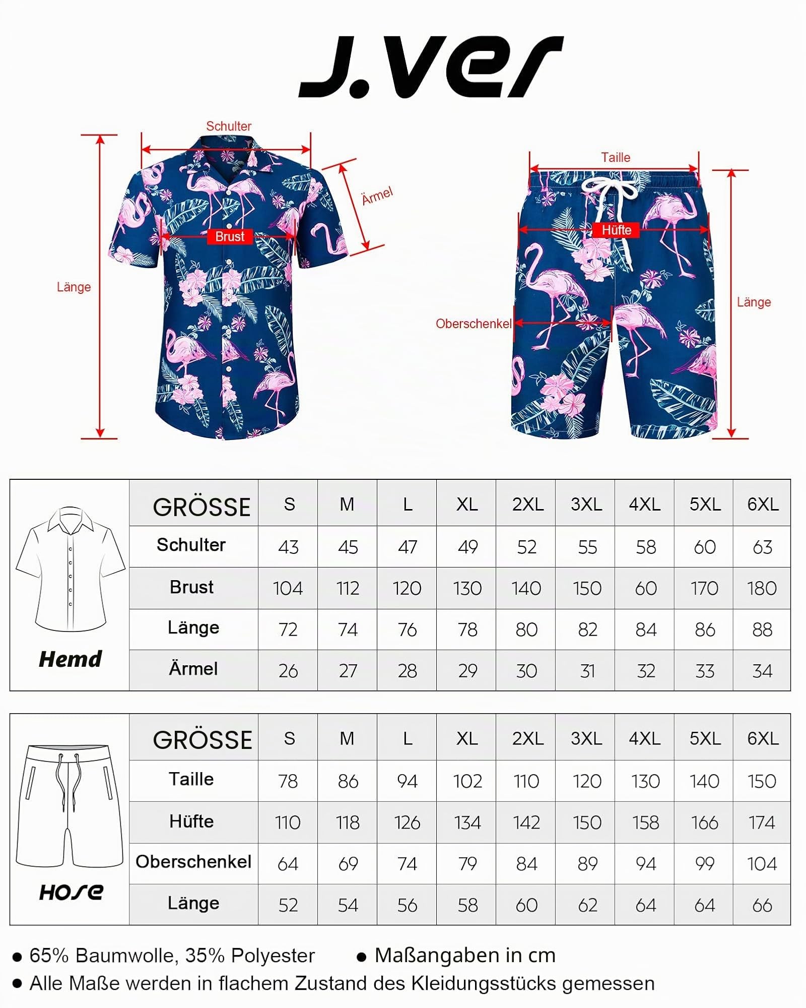 J.VER Herren Hawaiihemd Kurzarm Party Hemd Casual Flamingo Floral Strandhemd Bügelfrei Button Down Kurzarm Hawaii Shirt und Shorts Faltenfrei Urlaub Hemd Set