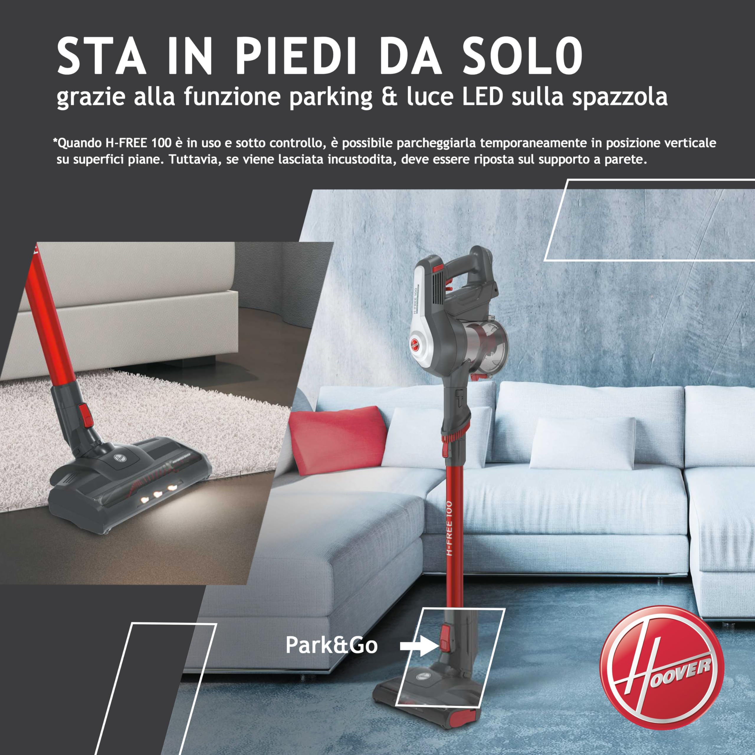 Hoover H-FREE 100 HF122GPT 011 Aspirapolvere Elettrica Senza Fili, Senza Sacco, 170W, 0,9 L, Ciclonico, Mini Turbo Spazzola, Autonomia 40 Min, Rosso